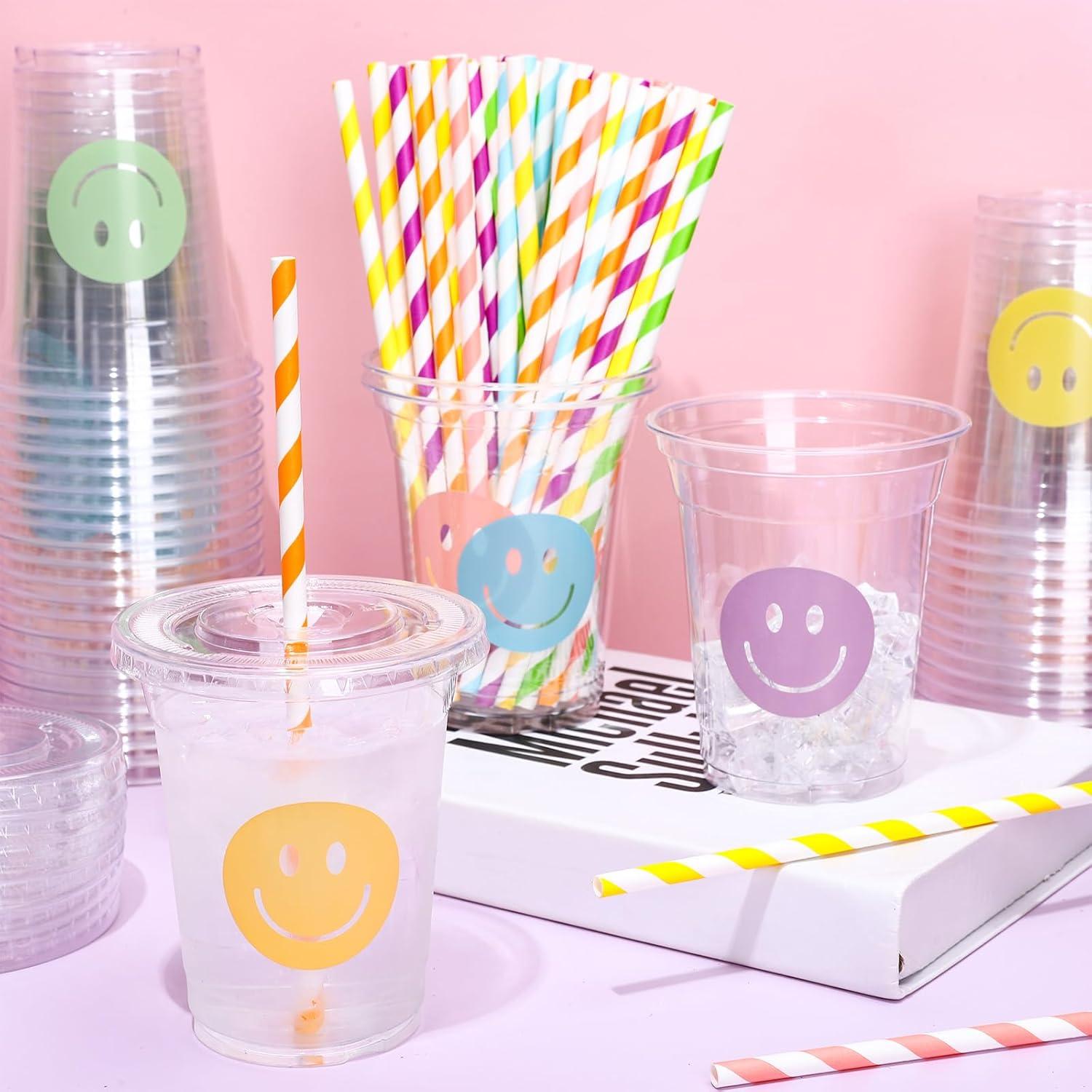 imageWhaline 60Pcs Halloween Disposable Plastic Cups with Lids and Straws 12oz JackOLantern Pumpkin Cold Beverage Drinking Cups Scary Printed Party Cup for Trick or Treat Party SuppliesBoho Smile