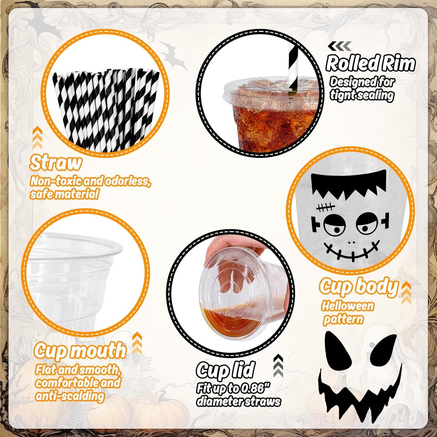 imageWhaline 60Pcs Halloween Disposable Plastic Cups with Lids and Straws 12oz JackOLantern Pumpkin Cold Beverage Drinking Cups Scary Printed Party Cup for Trick or Treat Party SuppliesHalloween Face