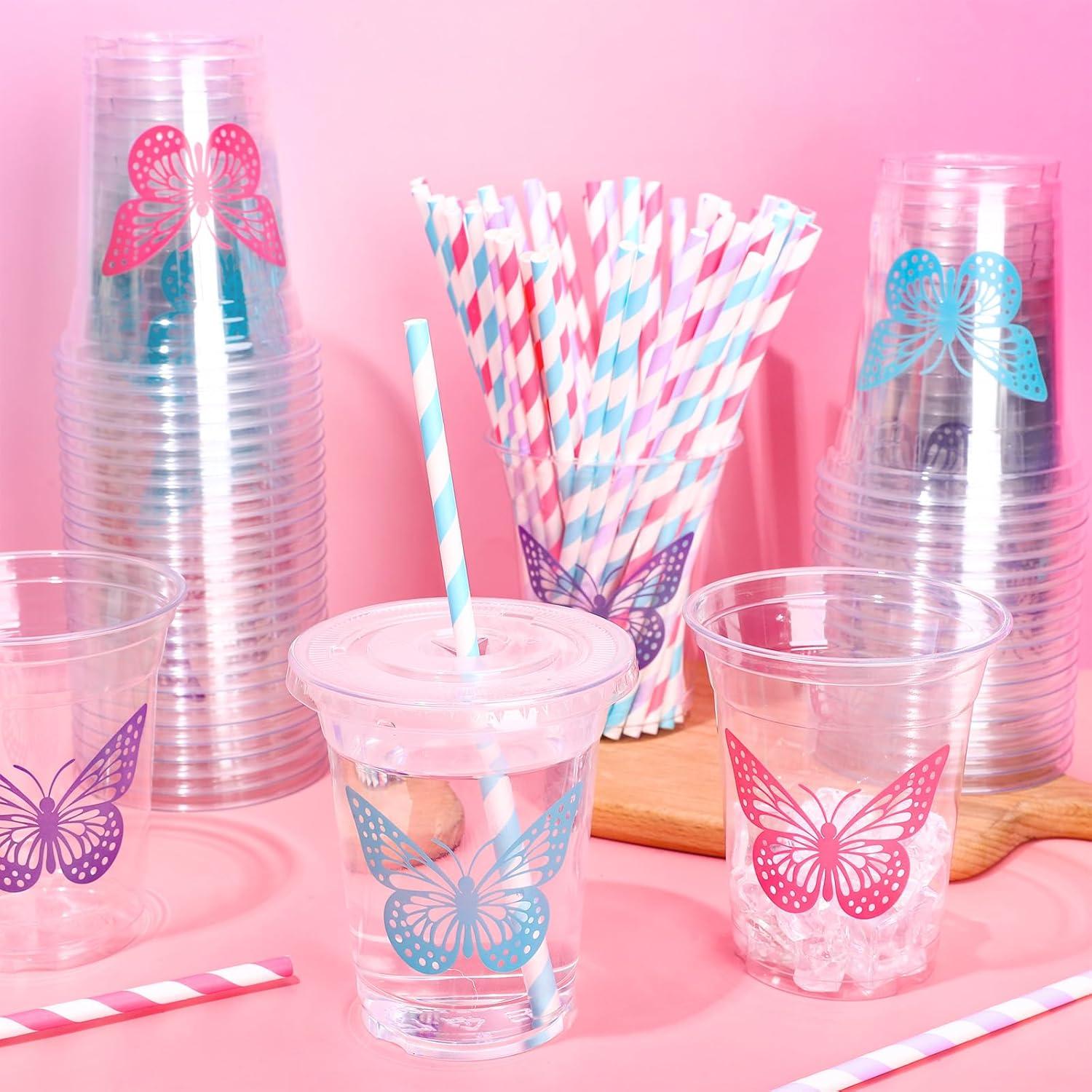 imageWhaline 60Pcs Halloween Disposable Plastic Cups with Lids and Straws 12oz JackOLantern Pumpkin Cold Beverage Drinking Cups Scary Printed Party Cup for Trick or Treat Party SuppliesButterfly