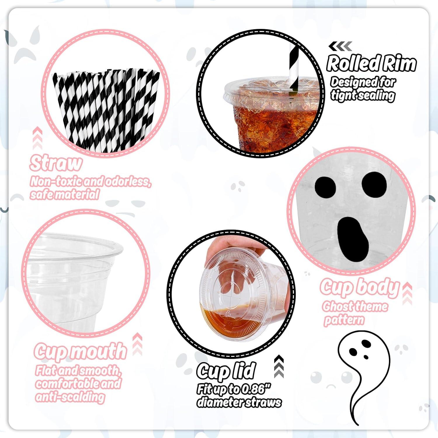 imageWhaline 60Pcs Halloween Disposable Plastic Cups with Lids and Straws 12oz JackOLantern Pumpkin Cold Beverage Drinking Cups Scary Printed Party Cup for Trick or Treat Party SuppliesBlack Spooky Ghost