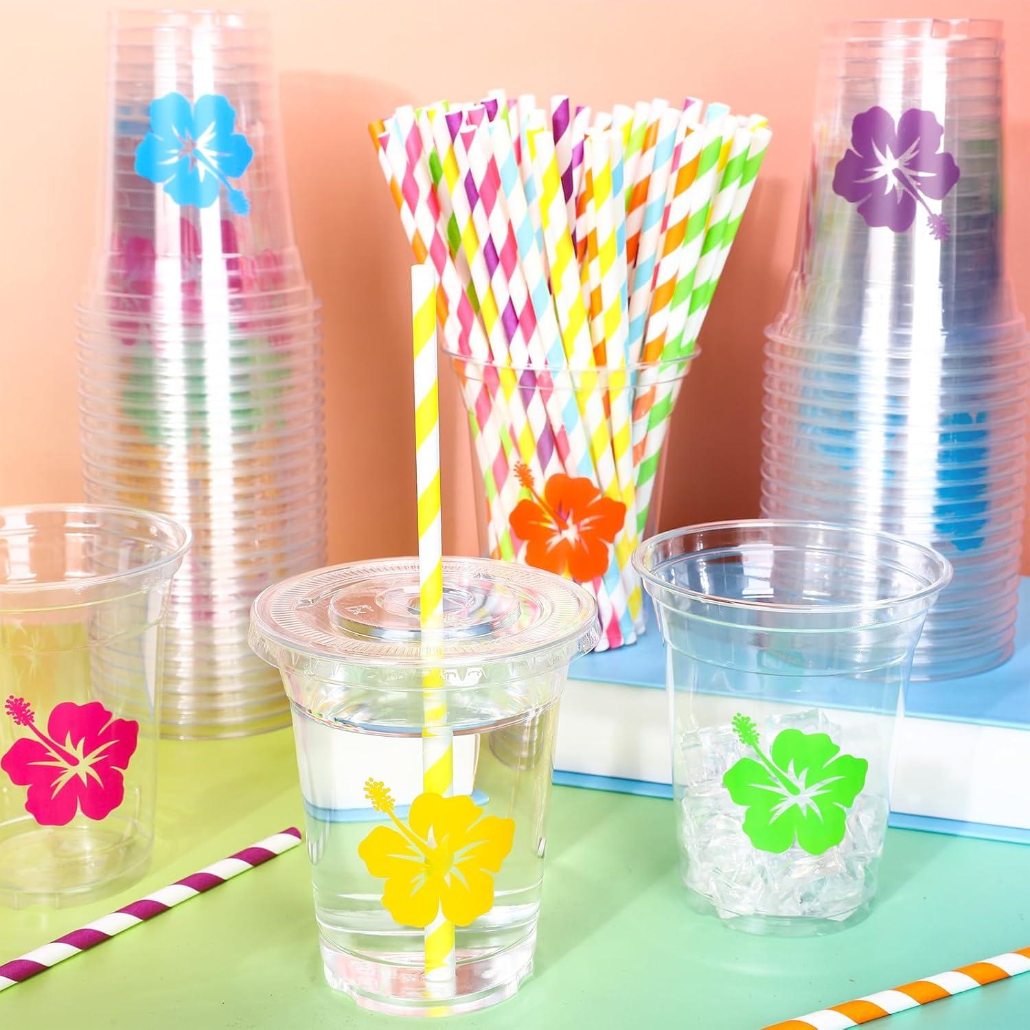 imageWhaline 60Pcs Halloween Disposable Plastic Cups with Lids and Straws 12oz JackOLantern Pumpkin Cold Beverage Drinking Cups Scary Printed Party Cup for Trick or Treat Party SuppliesHibiscus