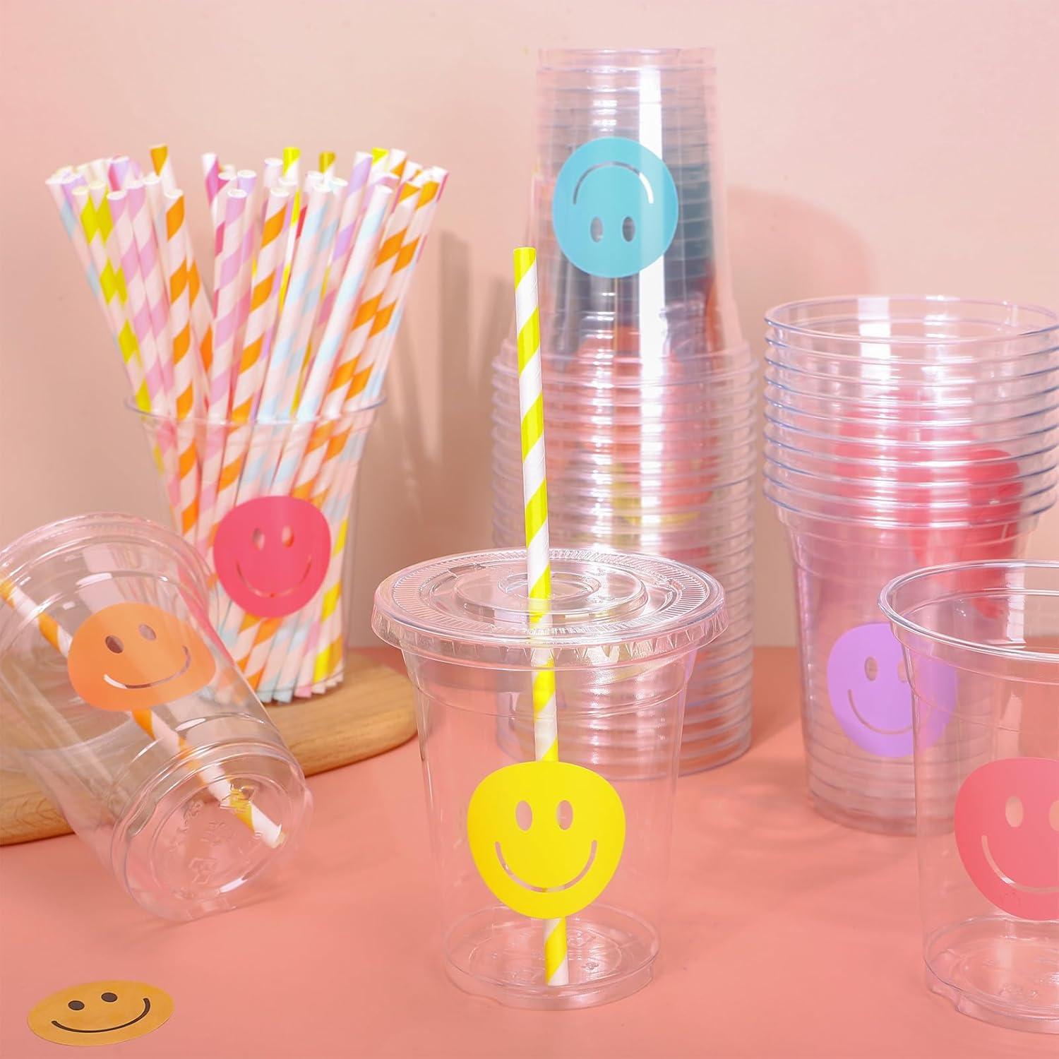 imageWhaline 60Pcs Halloween Disposable Plastic Cups with Lids and Straws 12oz JackOLantern Pumpkin Cold Beverage Drinking Cups Scary Printed Party Cup for Trick or Treat Party SuppliesSmile