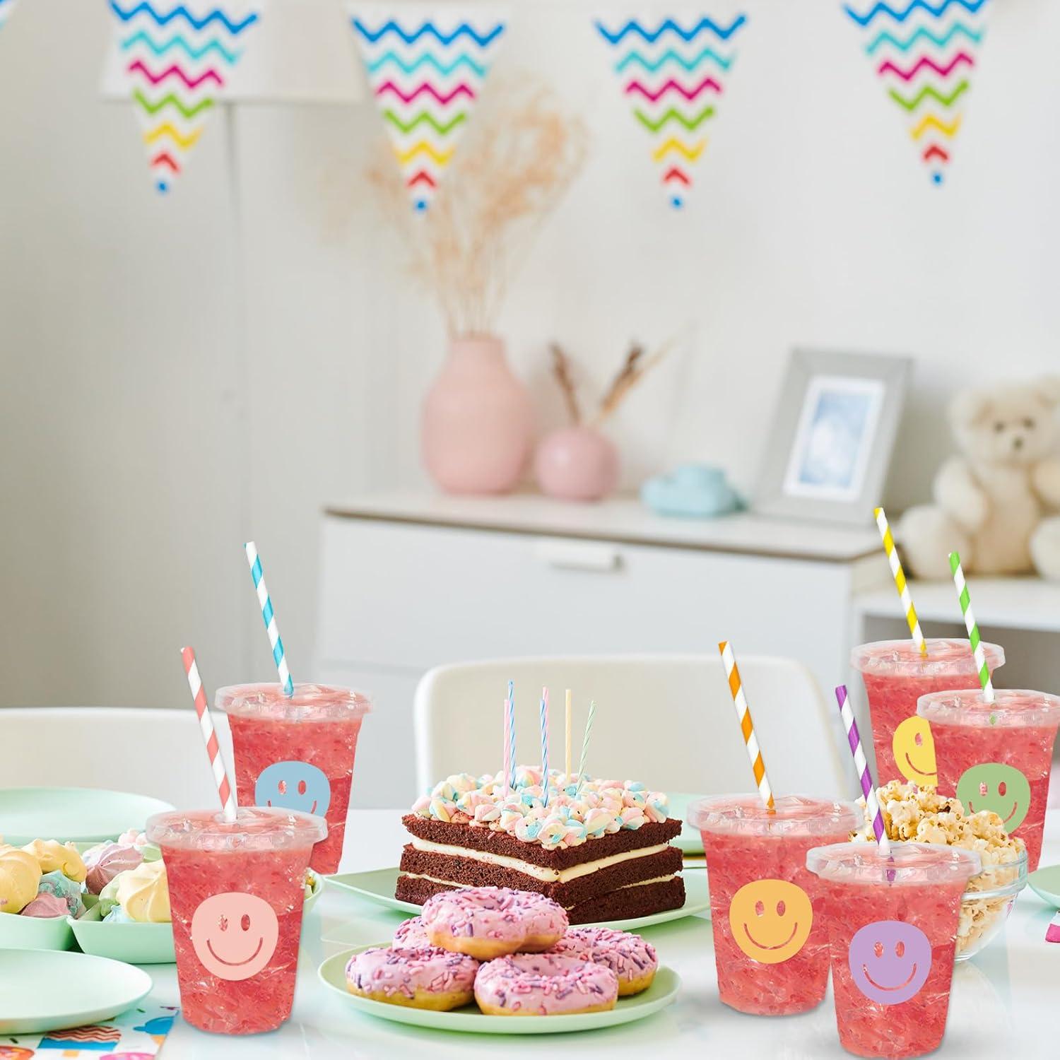 imageWhaline 60Pcs Halloween Disposable Plastic Cups with Lids and Straws 12oz JackOLantern Pumpkin Cold Beverage Drinking Cups Scary Printed Party Cup for Trick or Treat Party SuppliesBoho Smile