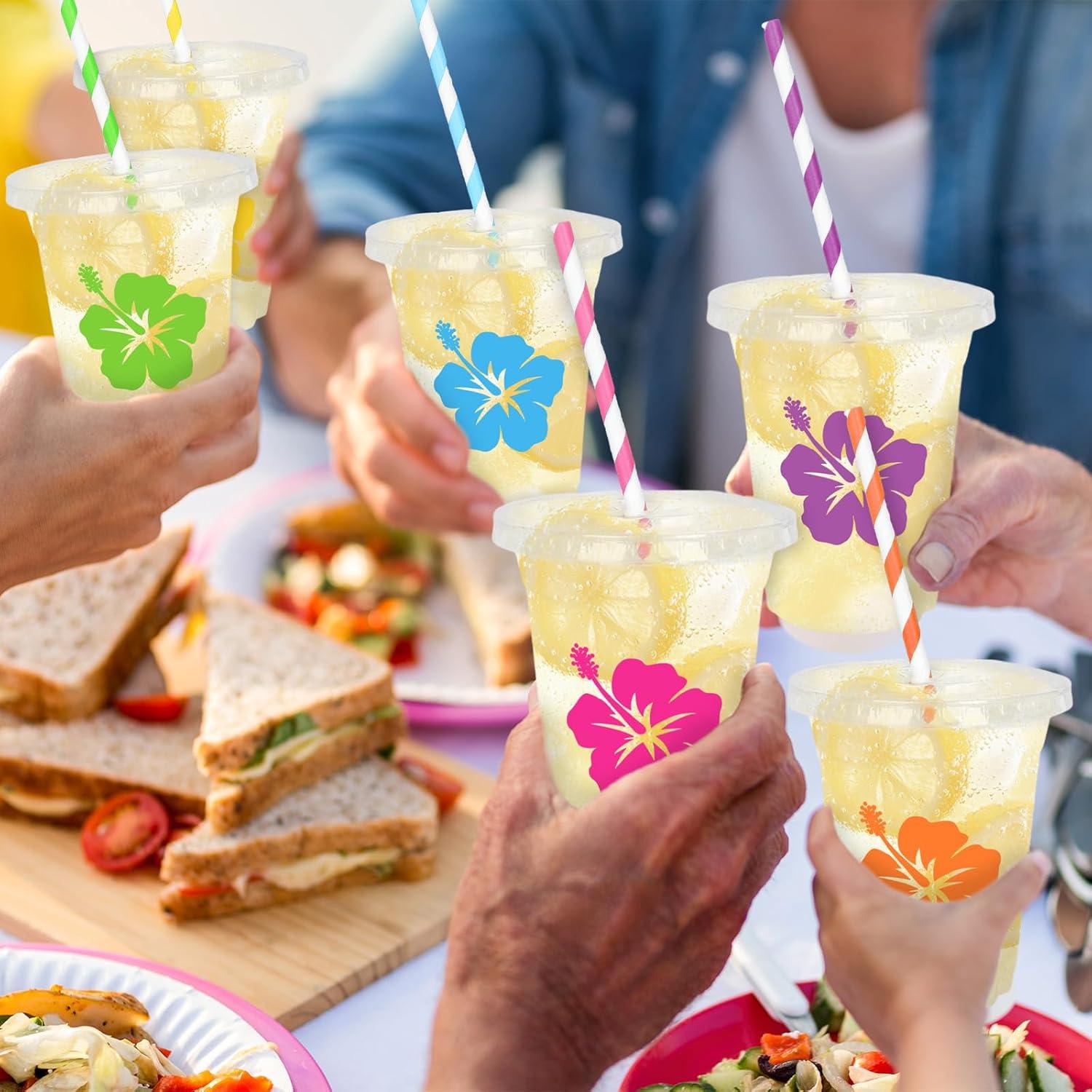 imageWhaline 60Pcs Halloween Disposable Plastic Cups with Lids and Straws 12oz JackOLantern Pumpkin Cold Beverage Drinking Cups Scary Printed Party Cup for Trick or Treat Party SuppliesHibiscus