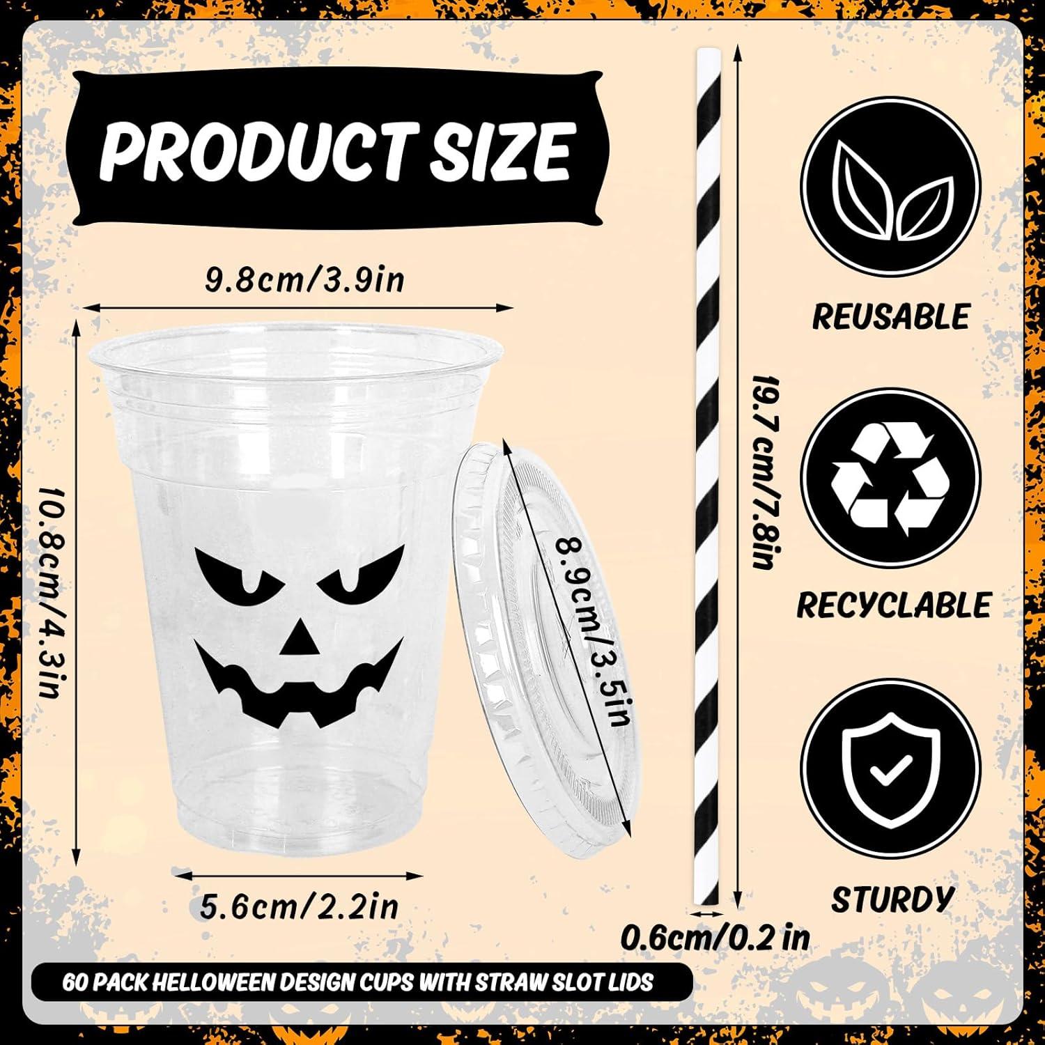 imageWhaline 60Pcs Halloween Disposable Plastic Cups with Lids and Straws 12oz JackOLantern Pumpkin Cold Beverage Drinking Cups Scary Printed Party Cup for Trick or Treat Party SuppliesBlack Pumpkin Face