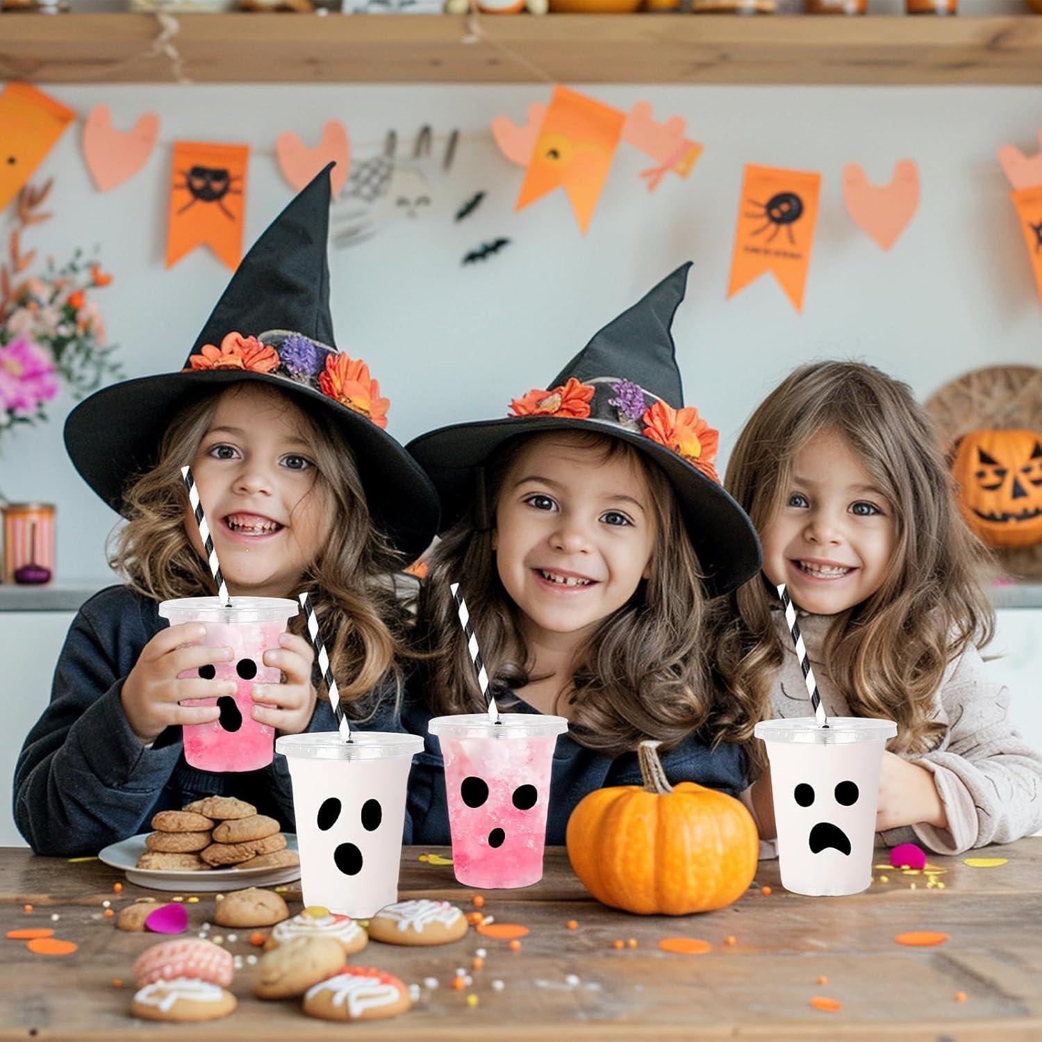 imageWhaline 60Pcs Halloween Disposable Plastic Cups with Lids and Straws 12oz JackOLantern Pumpkin Cold Beverage Drinking Cups Scary Printed Party Cup for Trick or Treat Party SuppliesBlack Spooky Ghost