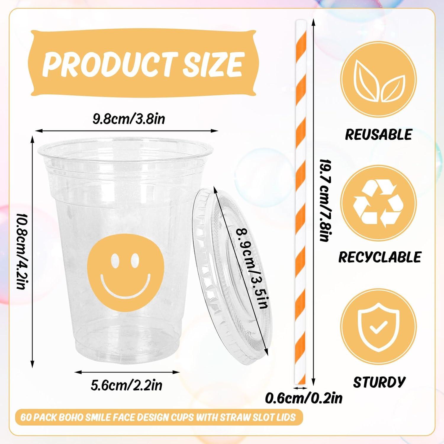 imageWhaline 60Pcs Halloween Disposable Plastic Cups with Lids and Straws 12oz JackOLantern Pumpkin Cold Beverage Drinking Cups Scary Printed Party Cup for Trick or Treat Party SuppliesBoho Smile