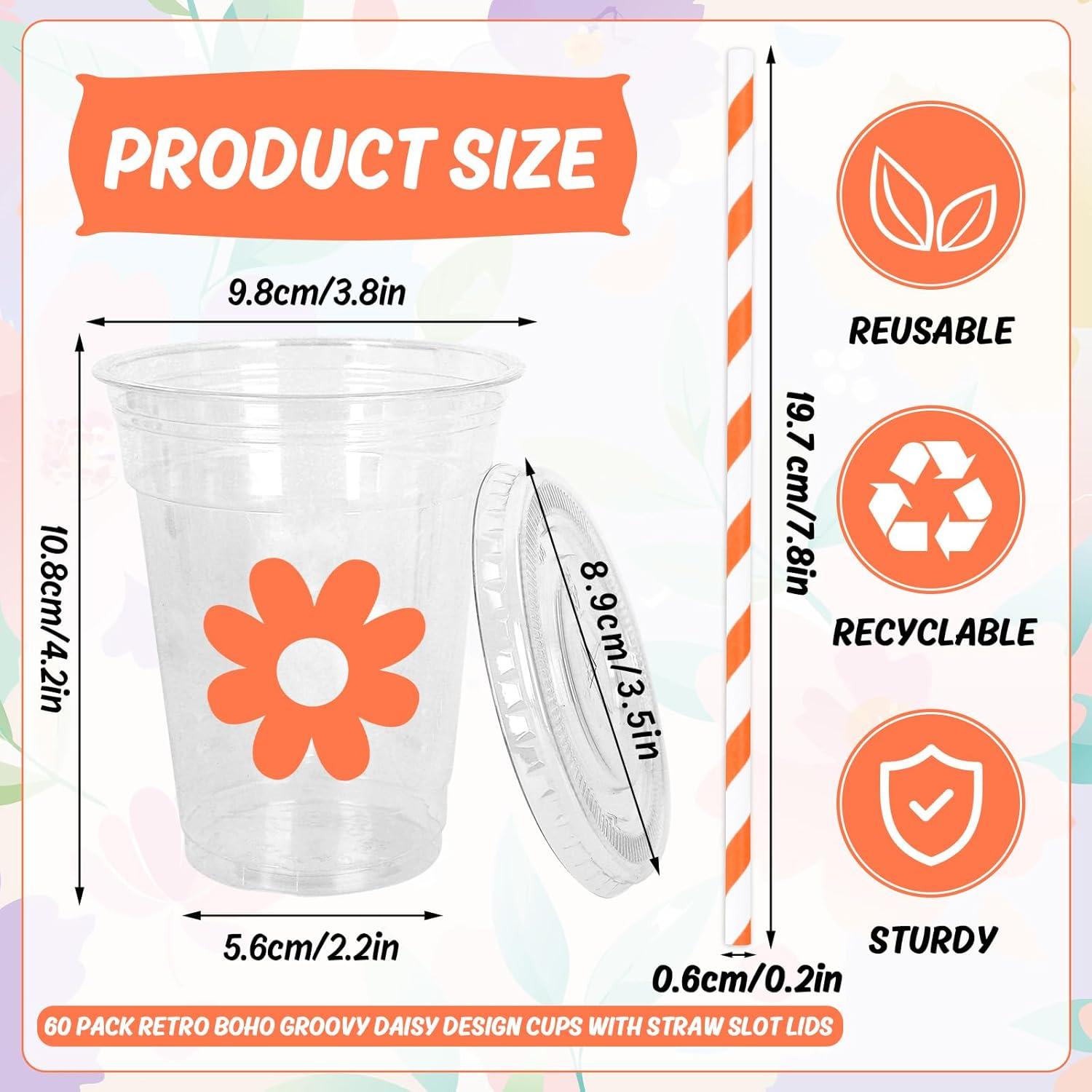 imageWhaline 60Pcs Halloween Disposable Plastic Cups with Lids and Straws 12oz JackOLantern Pumpkin Cold Beverage Drinking Cups Scary Printed Party Cup for Trick or Treat Party SuppliesBoho Daisy