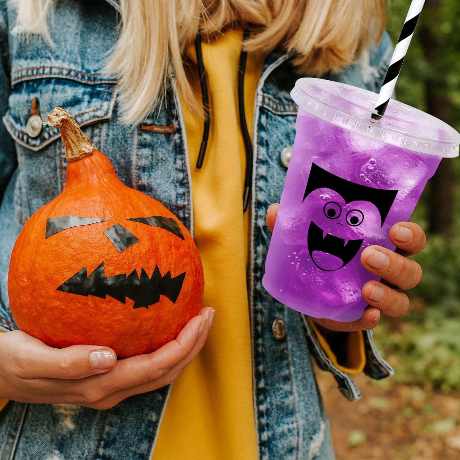 imageWhaline 60Pcs Halloween Disposable Plastic Cups with Lids and Straws 12oz JackOLantern Pumpkin Cold Beverage Drinking Cups Scary Printed Party Cup for Trick or Treat Party SuppliesHalloween Face