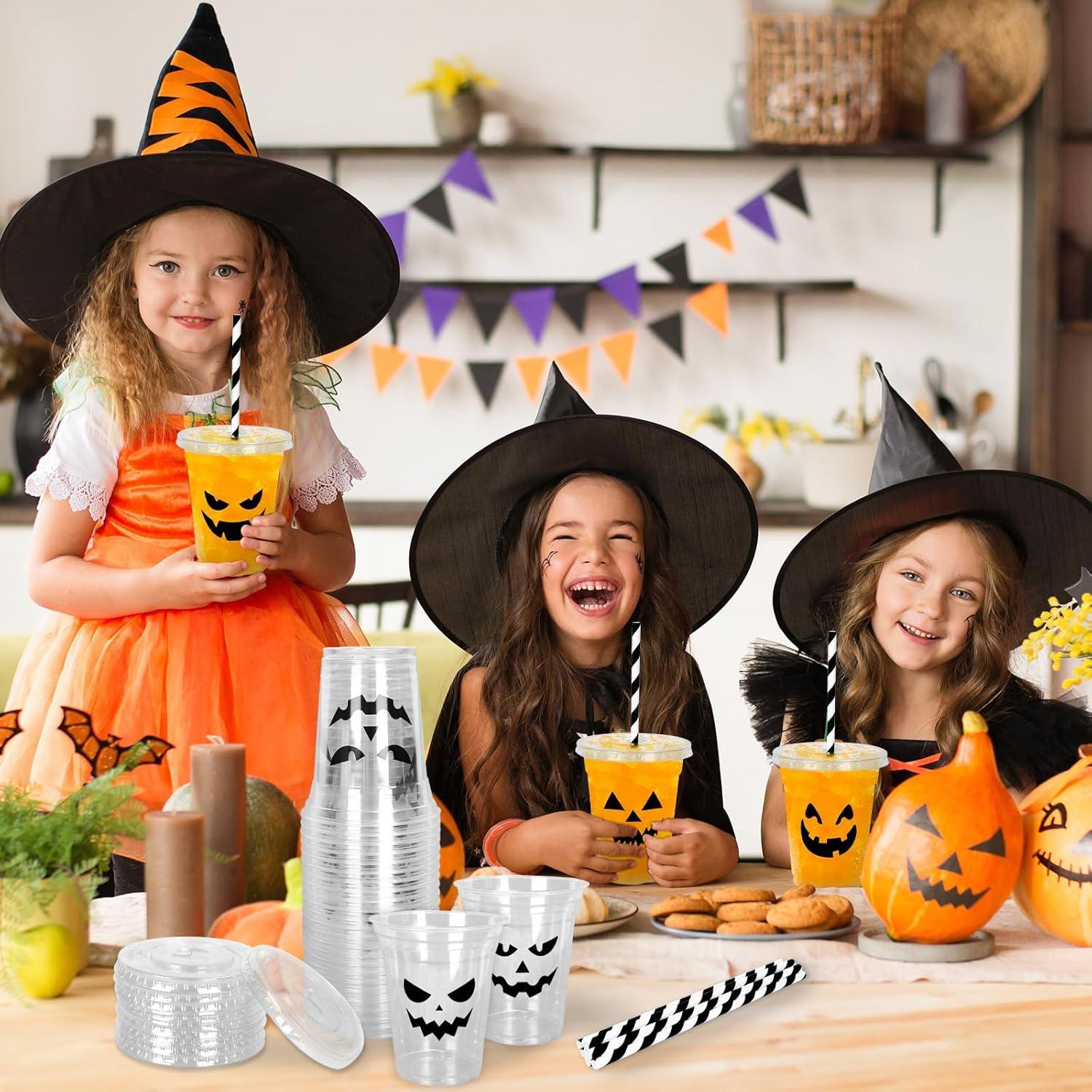 imageWhaline 60Pcs Halloween Disposable Plastic Cups with Lids and Straws 12oz JackOLantern Pumpkin Cold Beverage Drinking Cups Scary Printed Party Cup for Trick or Treat Party SuppliesBlack Pumpkin Face