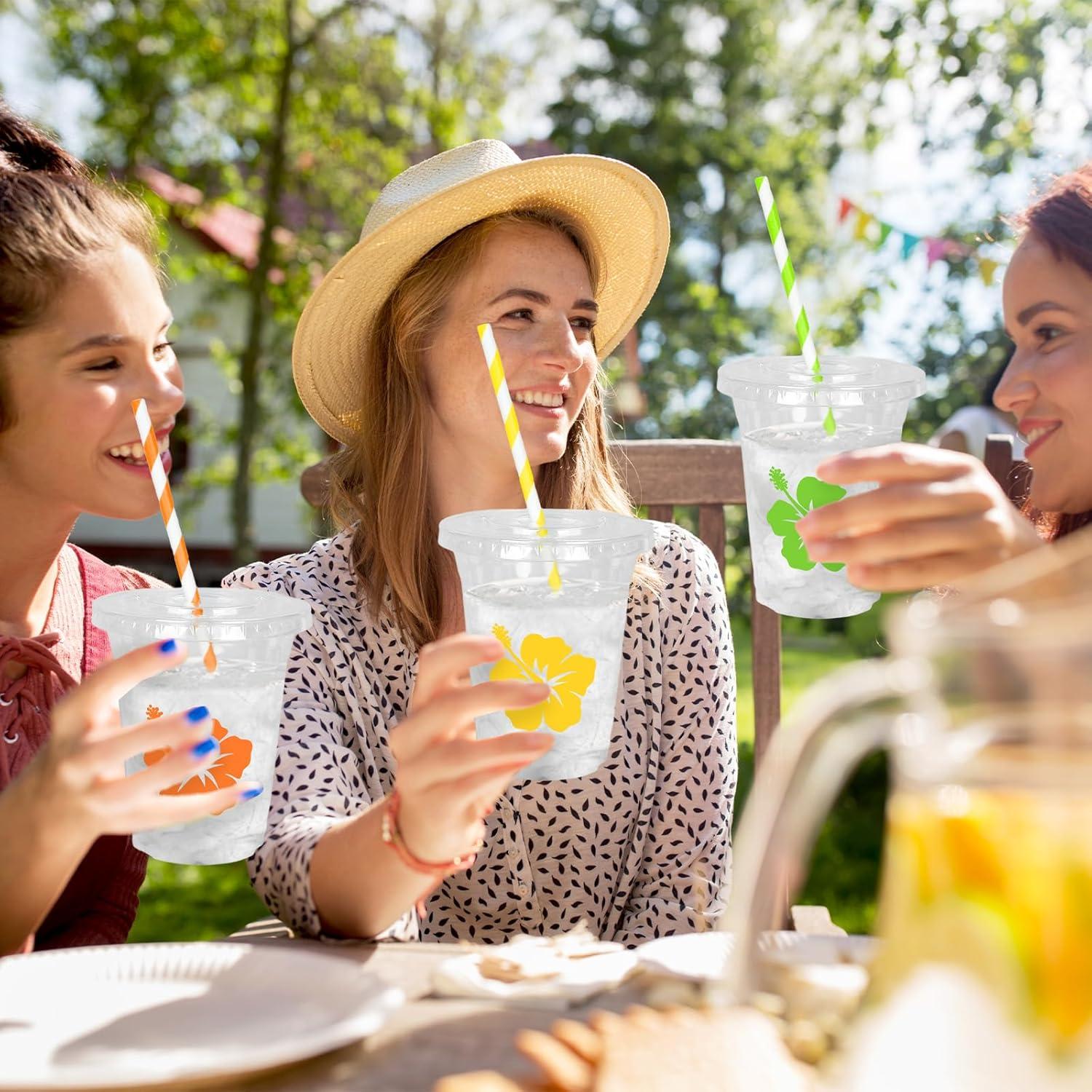 imageWhaline 60Pcs Halloween Disposable Plastic Cups with Lids and Straws 12oz JackOLantern Pumpkin Cold Beverage Drinking Cups Scary Printed Party Cup for Trick or Treat Party SuppliesHibiscus
