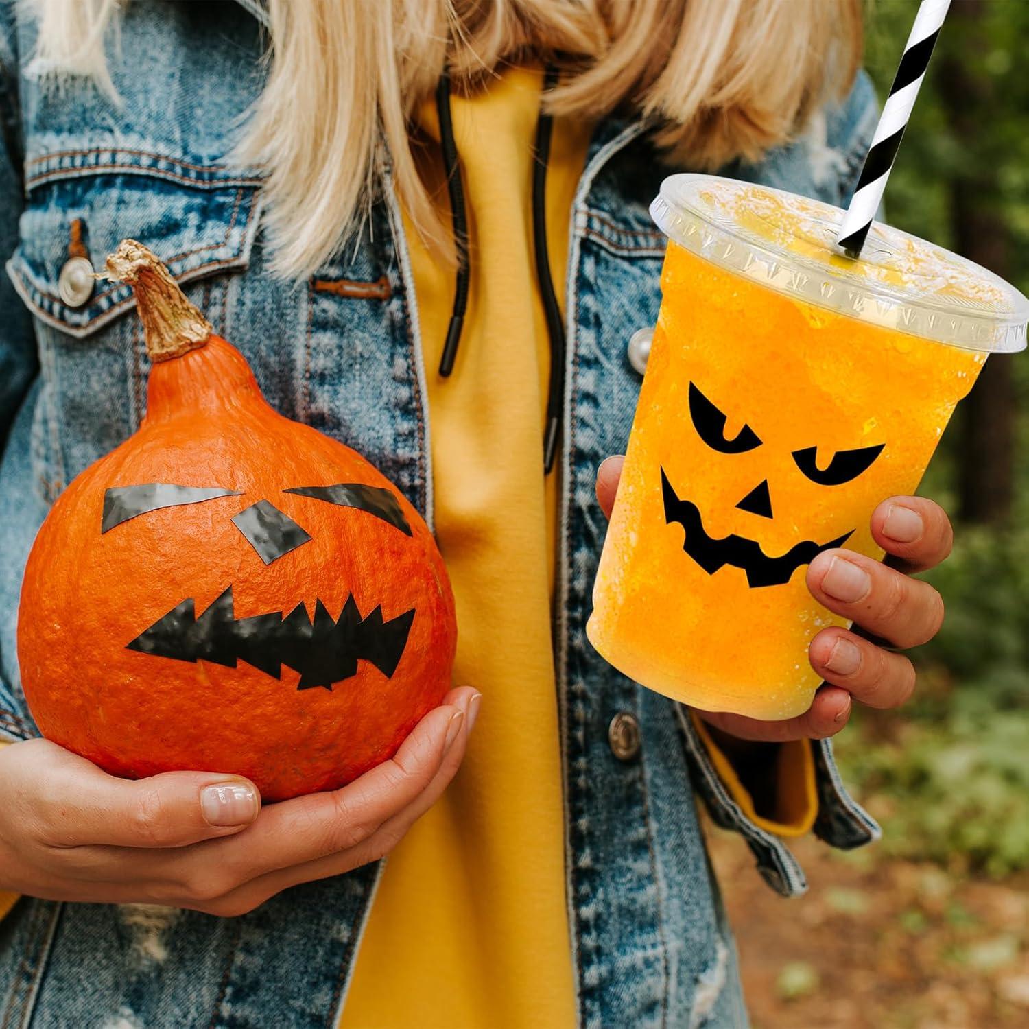 imageWhaline 60Pcs Halloween Disposable Plastic Cups with Lids and Straws 12oz JackOLantern Pumpkin Cold Beverage Drinking Cups Scary Printed Party Cup for Trick or Treat Party SuppliesBlack Pumpkin Face