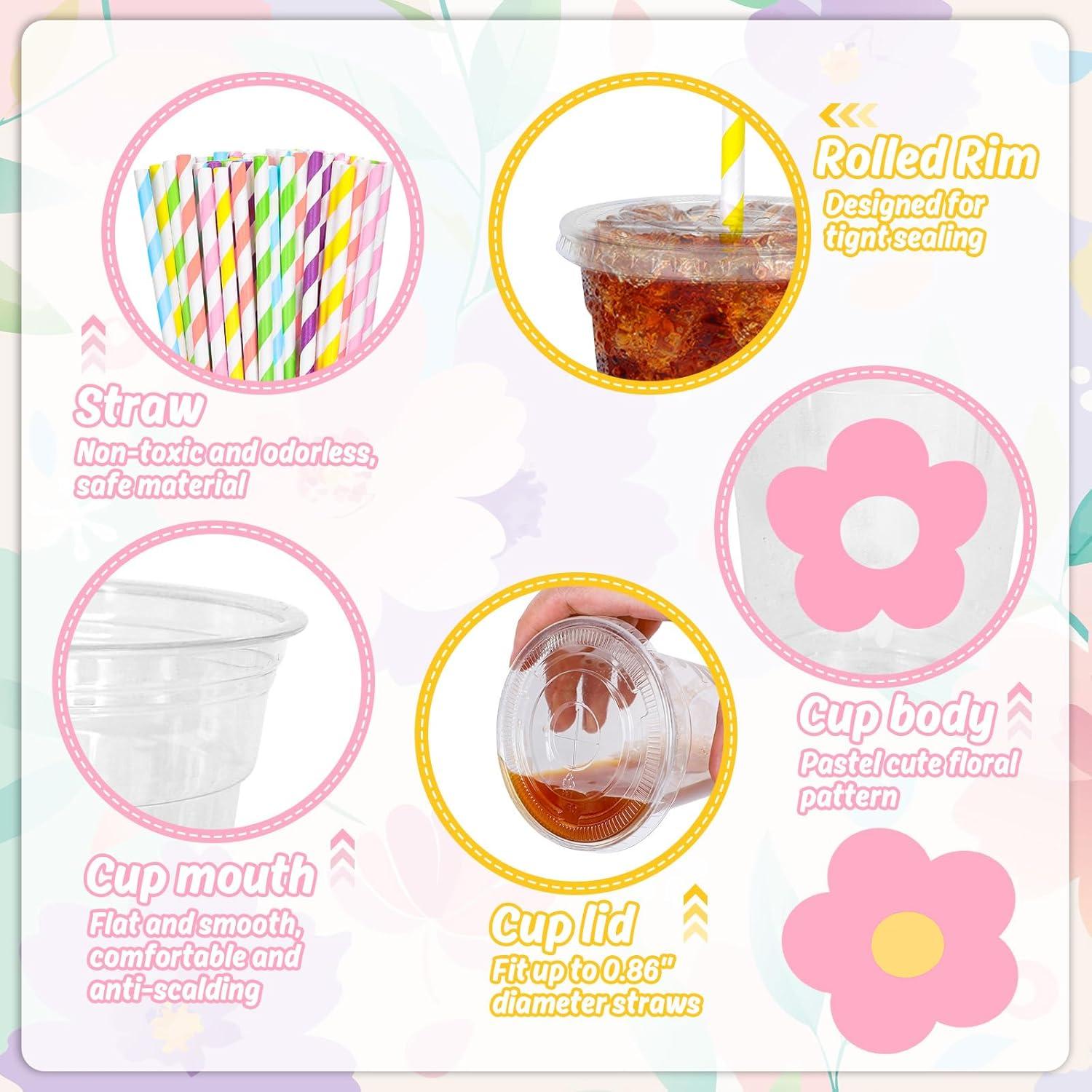 imageWhaline 60Pcs Halloween Disposable Plastic Cups with Lids and Straws 12oz JackOLantern Pumpkin Cold Beverage Drinking Cups Scary Printed Party Cup for Trick or Treat Party SuppliesPastel Flower