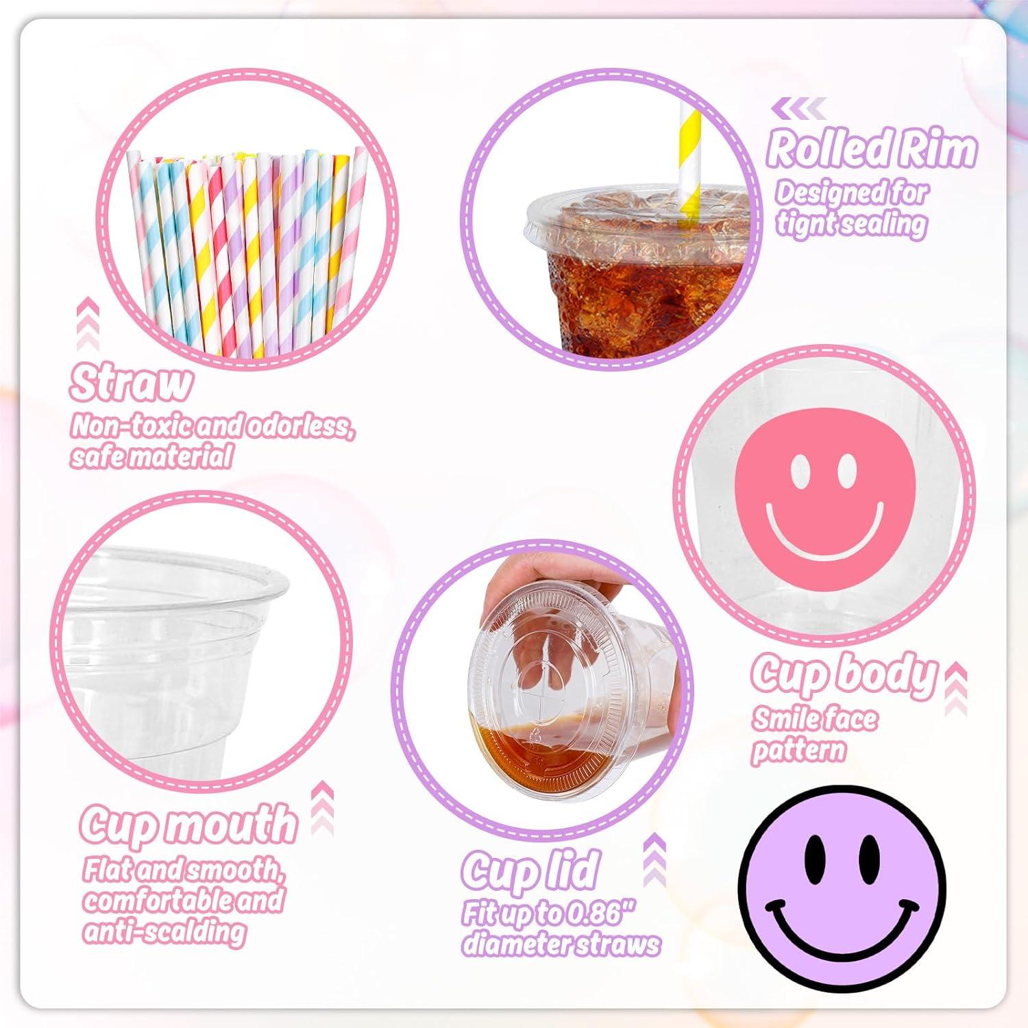 imageWhaline 60Pcs Halloween Disposable Plastic Cups with Lids and Straws 12oz JackOLantern Pumpkin Cold Beverage Drinking Cups Scary Printed Party Cup for Trick or Treat Party SuppliesSmile