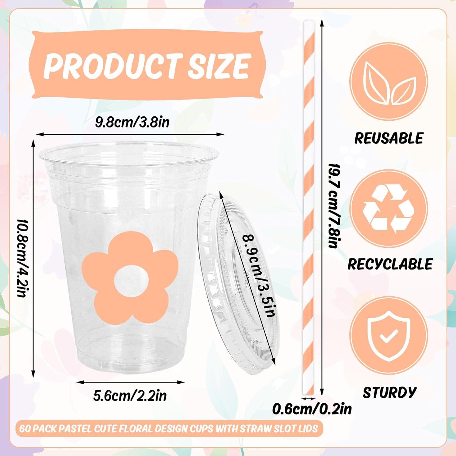 imageWhaline 60Pcs Halloween Disposable Plastic Cups with Lids and Straws 12oz JackOLantern Pumpkin Cold Beverage Drinking Cups Scary Printed Party Cup for Trick or Treat Party SuppliesPastel Flower