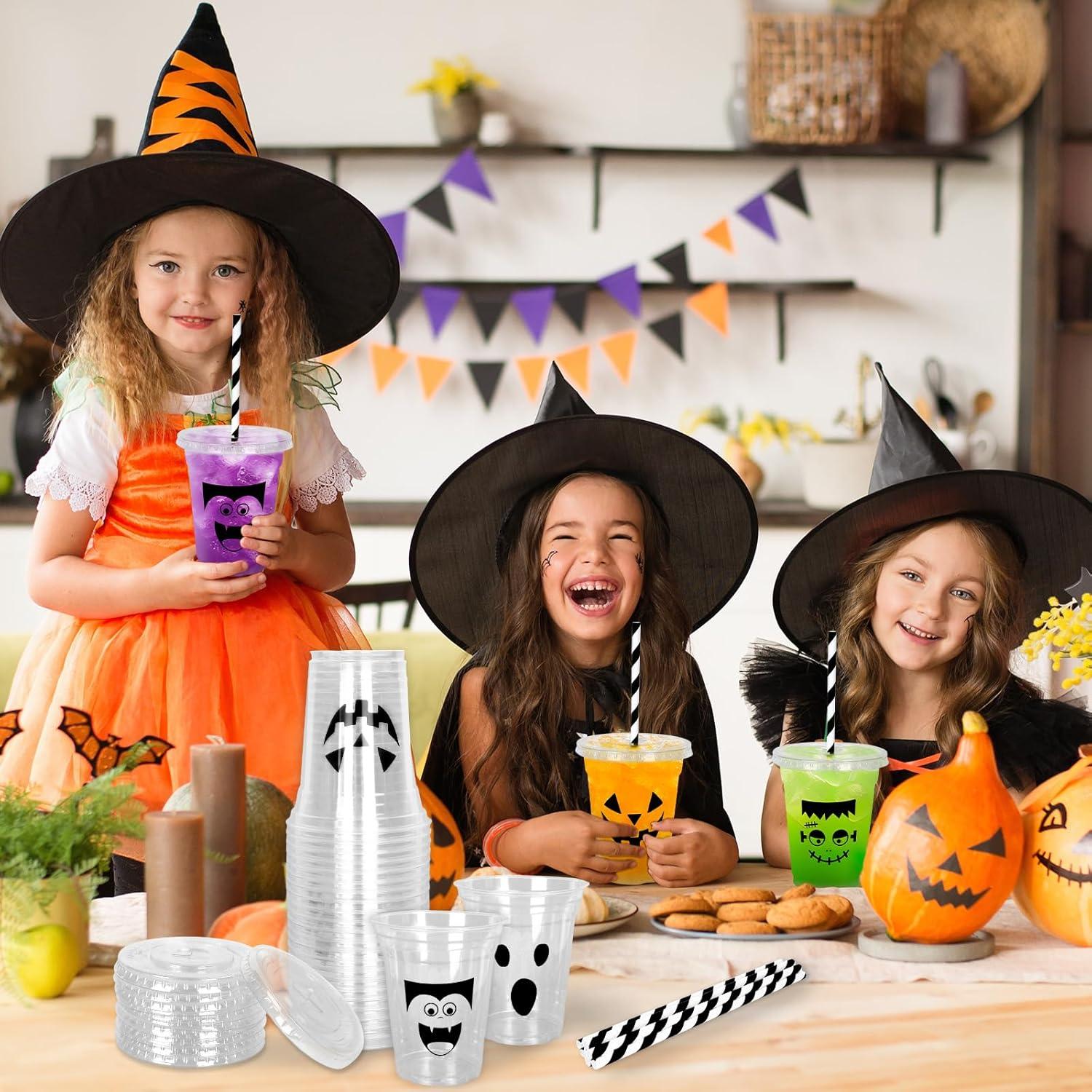 imageWhaline 60Pcs Halloween Disposable Plastic Cups with Lids and Straws 12oz JackOLantern Pumpkin Cold Beverage Drinking Cups Scary Printed Party Cup for Trick or Treat Party SuppliesHalloween Face