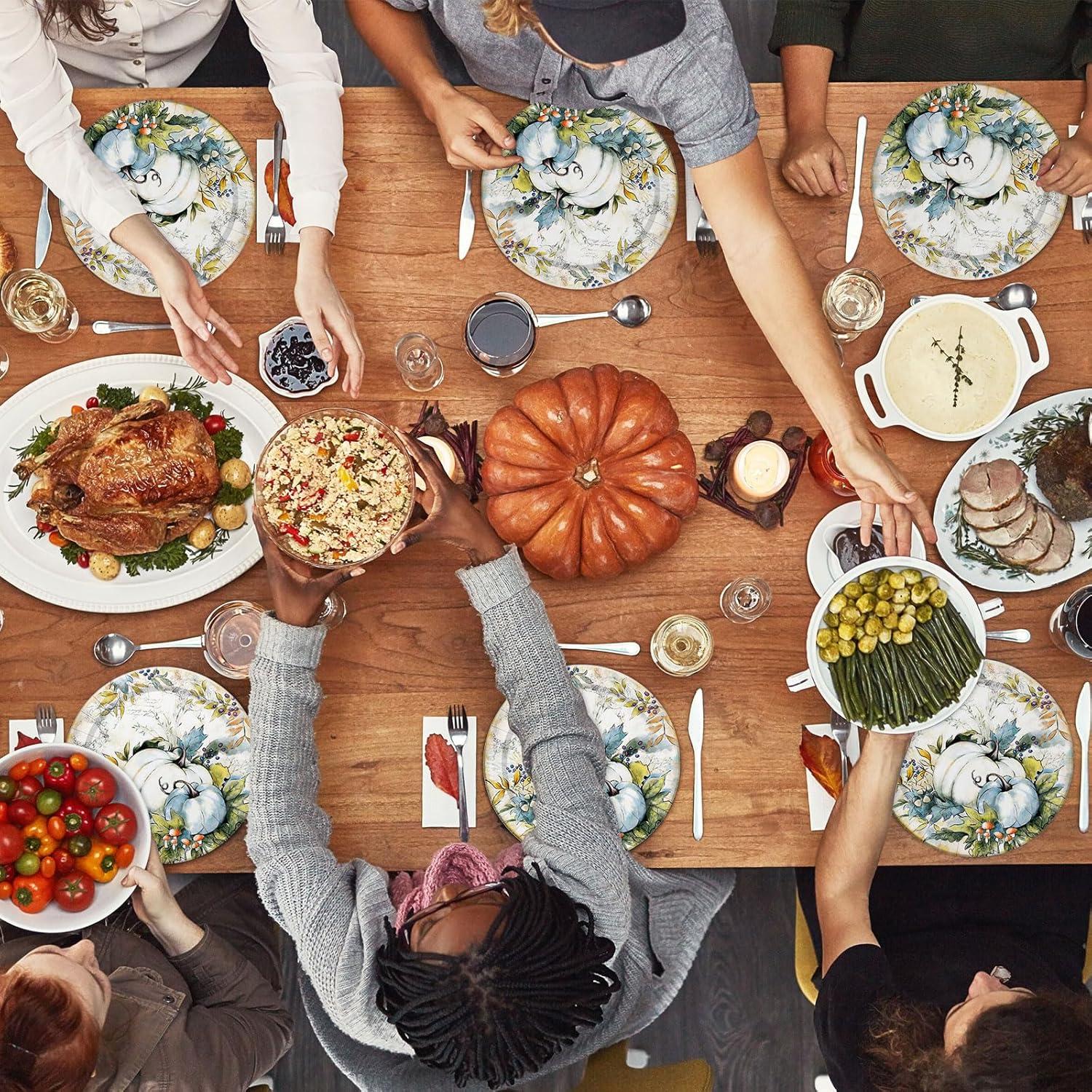 imageWhaline 72Pcs Fall Thanksgiving Plates and Napkins Watercolor Blue Pumpkin Paper Plates and Napkins Sets for Autumn Harvest Thanksgiving Dinner Party Supplies Serves 24