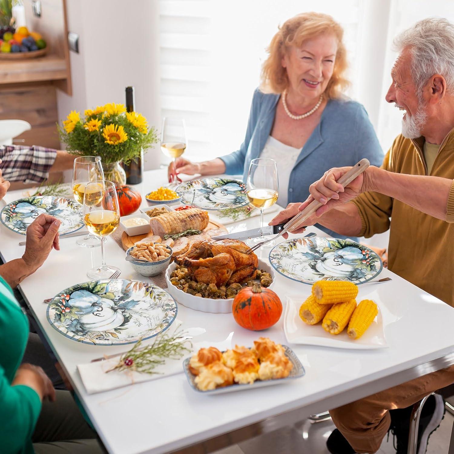 imageWhaline 72Pcs Fall Thanksgiving Plates and Napkins Watercolor Blue Pumpkin Paper Plates and Napkins Sets for Autumn Harvest Thanksgiving Dinner Party Supplies Serves 24