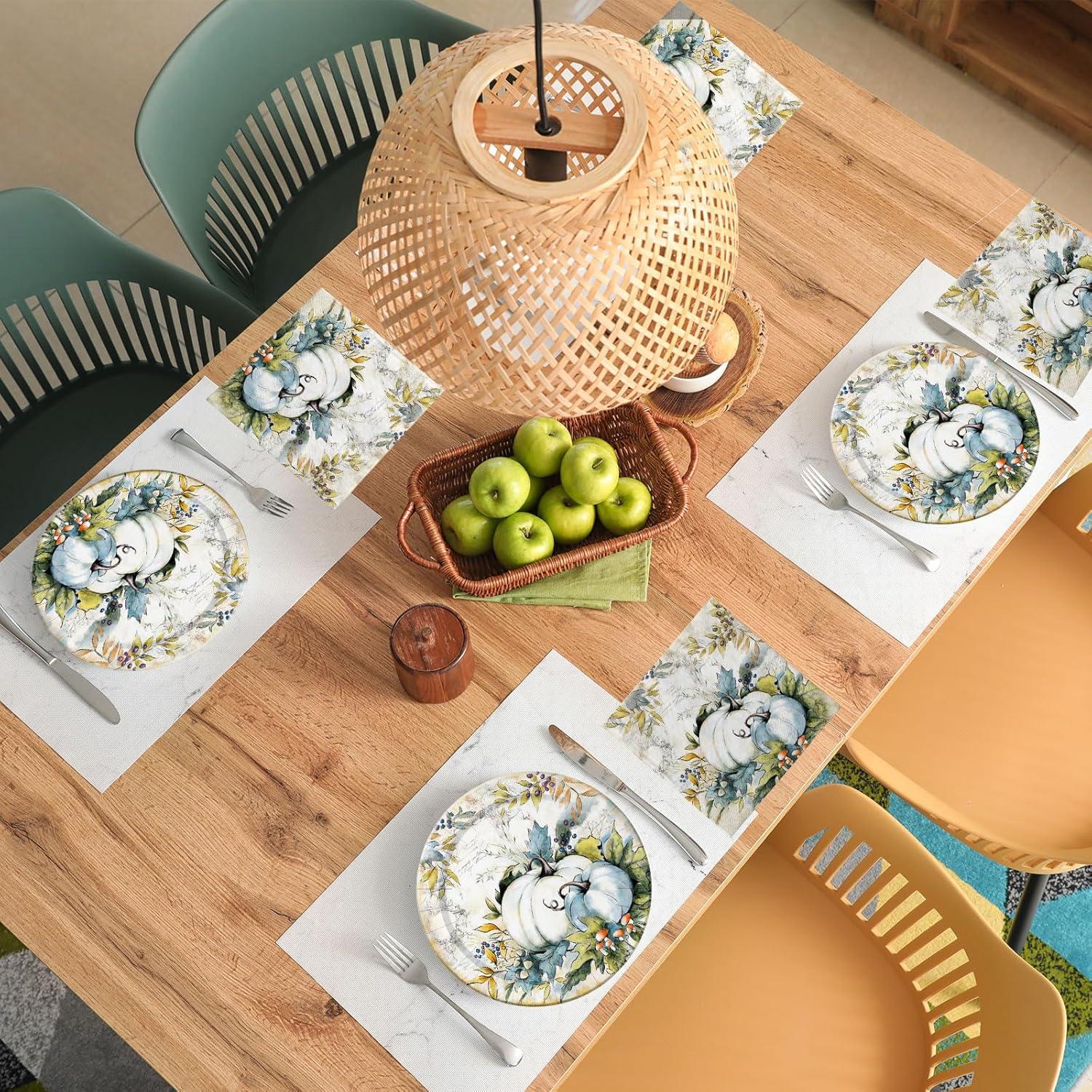 imageWhaline 72Pcs Fall Thanksgiving Plates and Napkins Watercolor Blue Pumpkin Paper Plates and Napkins Sets for Autumn Harvest Thanksgiving Dinner Party Supplies Serves 24