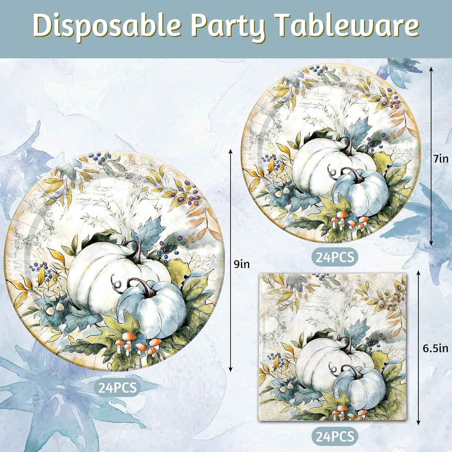 imageWhaline 72Pcs Fall Thanksgiving Plates and Napkins Watercolor Blue Pumpkin Paper Plates and Napkins Sets for Autumn Harvest Thanksgiving Dinner Party Supplies Serves 24