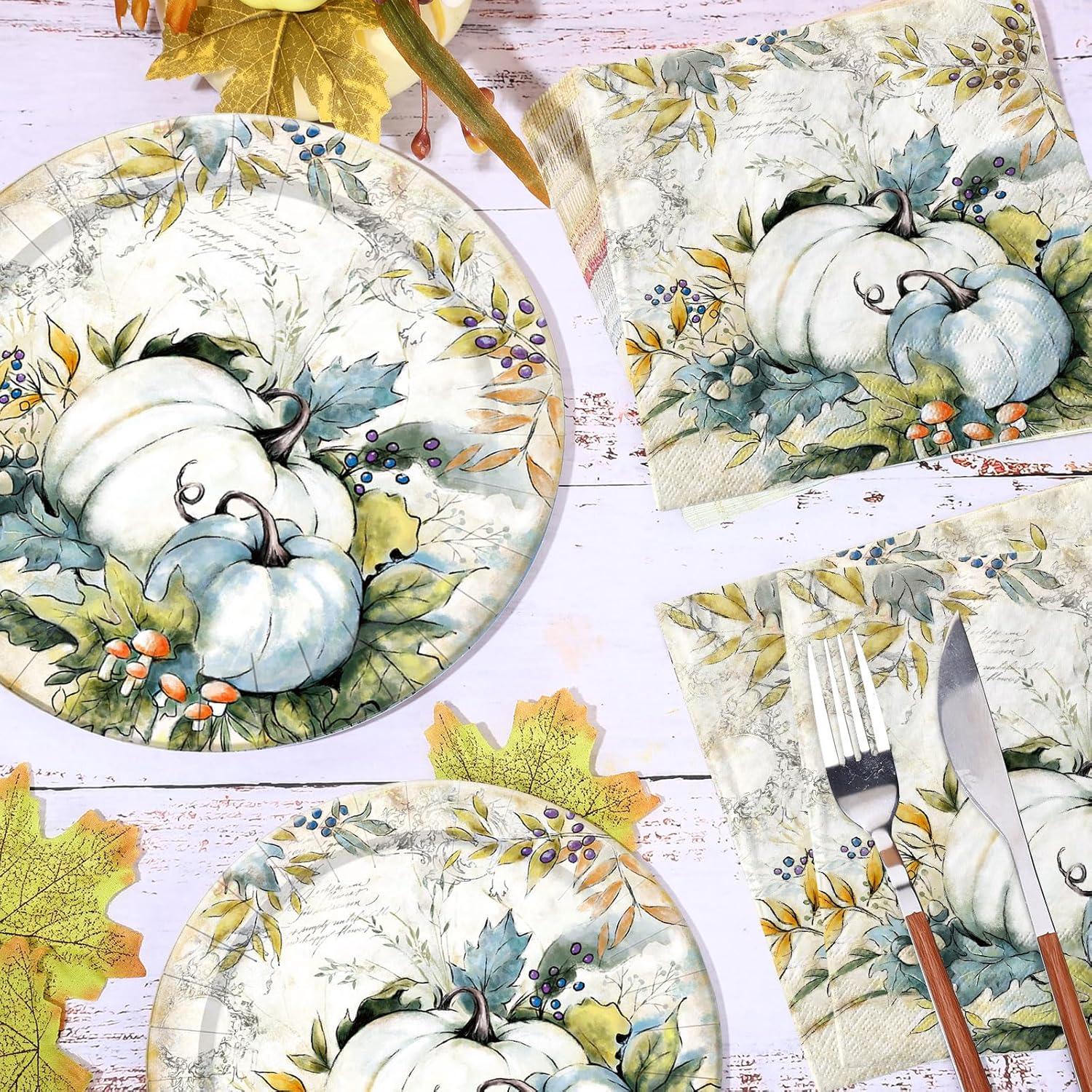 imageWhaline 72Pcs Fall Thanksgiving Plates and Napkins Watercolor Blue Pumpkin Paper Plates and Napkins Sets for Autumn Harvest Thanksgiving Dinner Party Supplies Serves 24