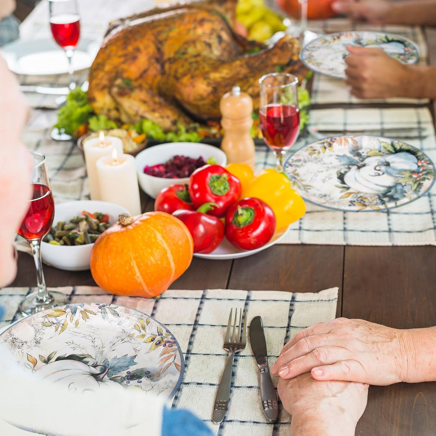 imageWhaline 72Pcs Fall Thanksgiving Plates and Napkins Watercolor Blue Pumpkin Paper Plates and Napkins Sets for Autumn Harvest Thanksgiving Dinner Party Supplies Serves 24