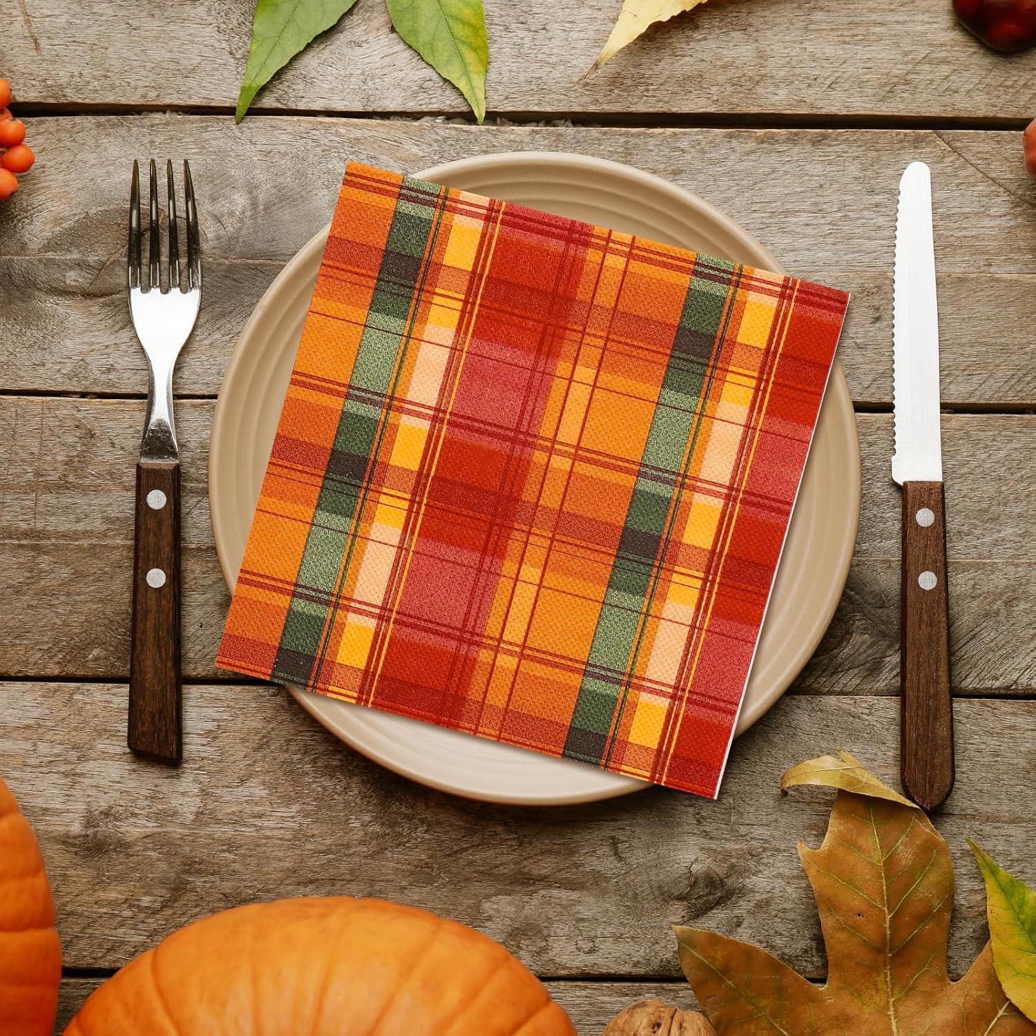 imageWhaline 80 Pack Fall Paper Napkins 65 x 65 Inch Buffalo Plaid Prints Paper Napkins Red Orange Green Checkered Disposable Lunch Napkins for Autumn Party Supplies Thanksgiving Evens Table Decoration65 x 65 in
