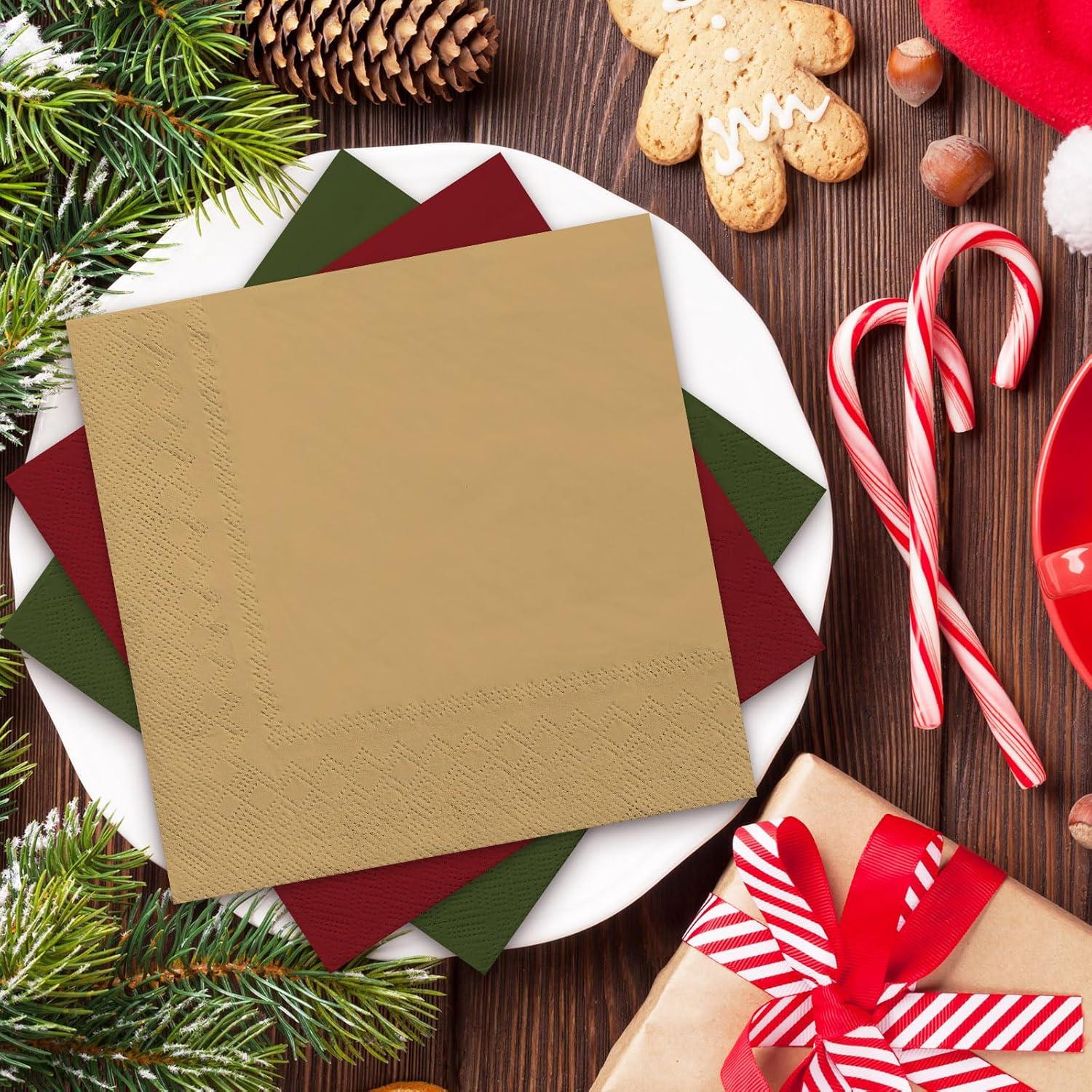 imageWhaline 80 Pack Thanksgiving Fall Paper Napkins 65 x 65 Inch Autumn Color Disposable Dinner Napkins Red Orange Yellow Green Luncheon Napkins Fall Harvest Party Supplies for Home Kitchen RestaurantChristmas Color