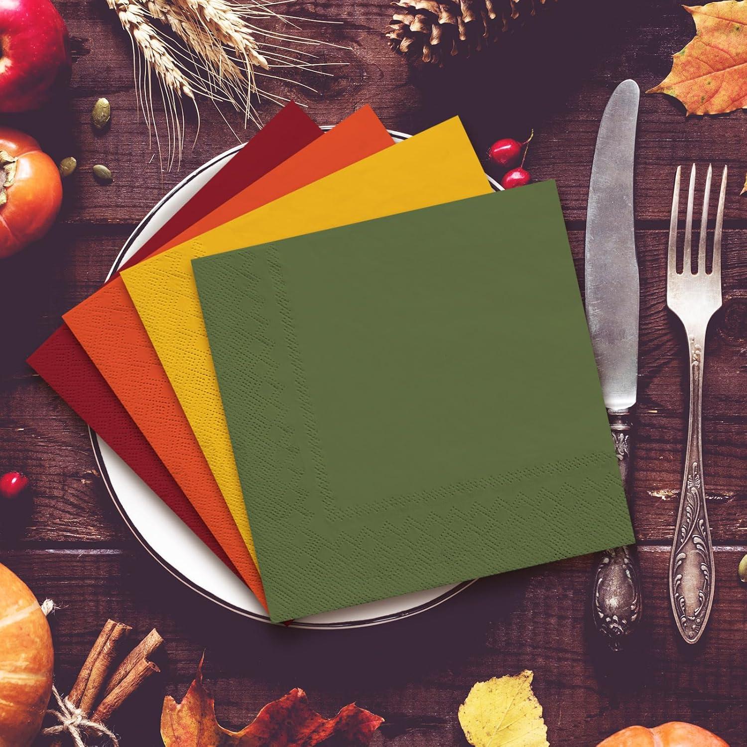 imageWhaline 80 Pack Thanksgiving Fall Paper Napkins 65 x 65 Inch Autumn Color Disposable Dinner Napkins Red Orange Yellow Green Luncheon Napkins Fall Harvest Party Supplies for Home Kitchen Restaurantred orange yellow green