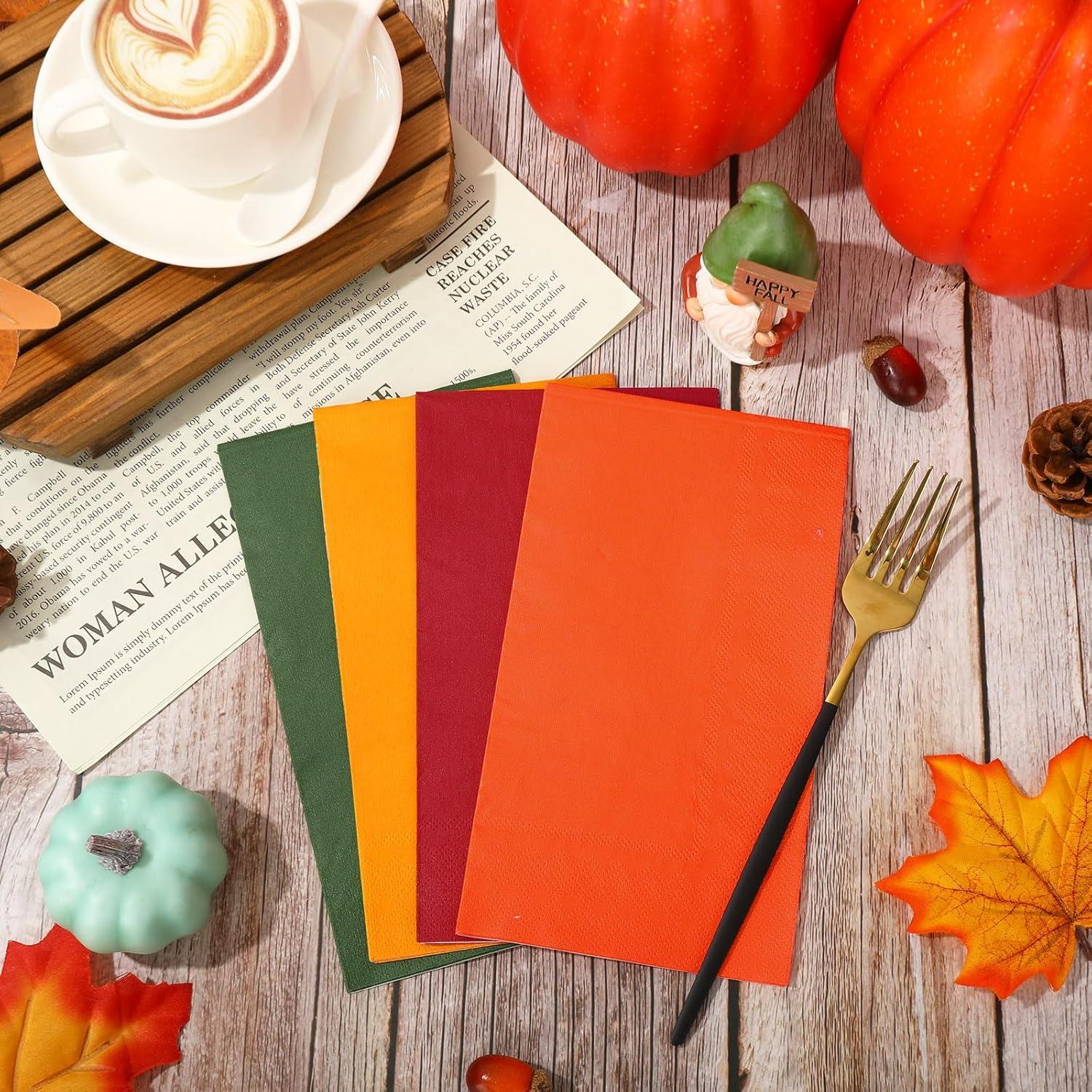 imageWhaline 80 Pack Thanksgiving Fall Paper Napkins 65 x 65 Inch Autumn Color Disposable Dinner Napkins Red Orange Yellow Green Luncheon Napkins Fall Harvest Party Supplies for Home Kitchen Restaurantred orange yellow green