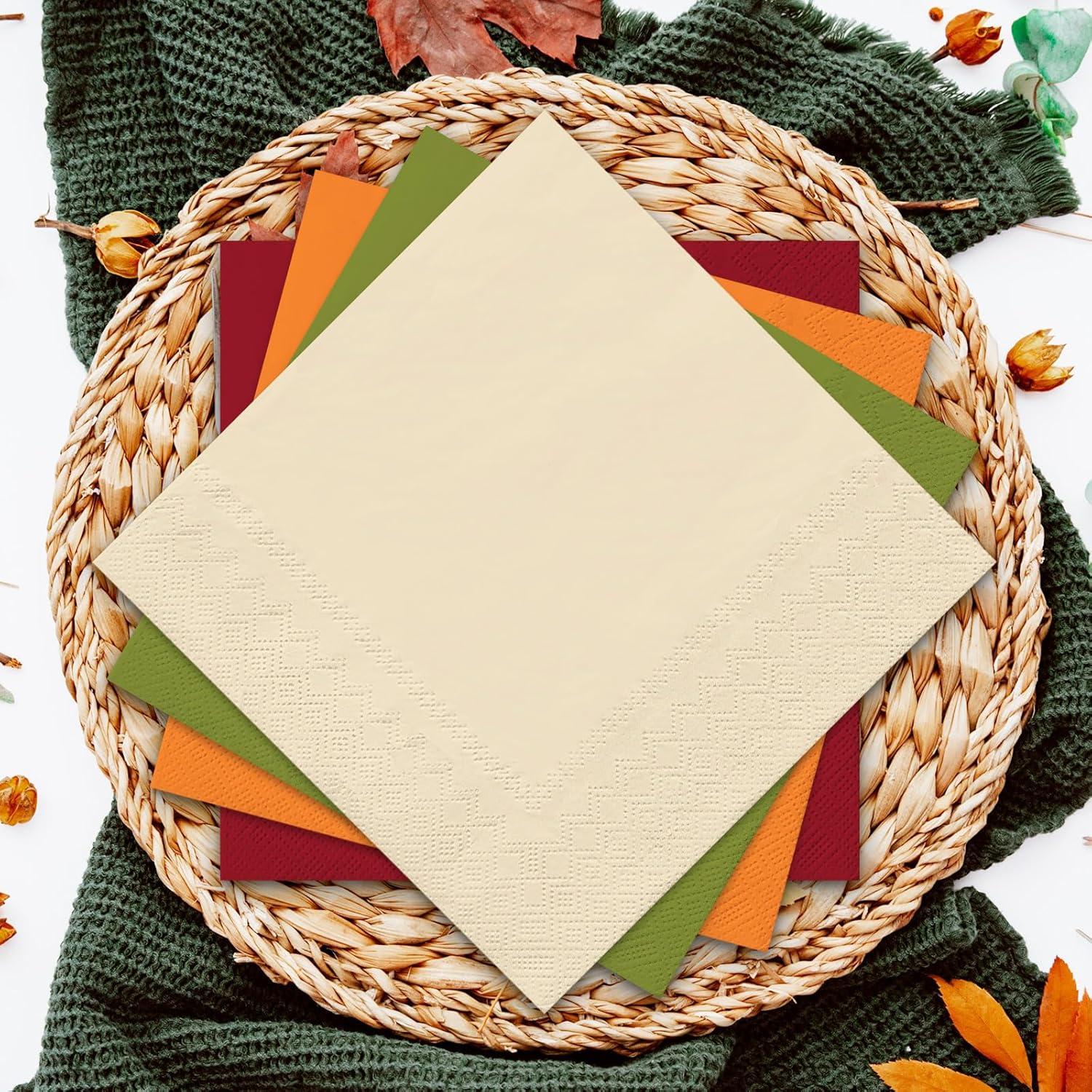 imageWhaline 80 Pack Thanksgiving Fall Paper Napkins 65 x 65 Inch Autumn Color Disposable Dinner Napkins Red Orange Yellow Green Luncheon Napkins Fall Harvest Party Supplies for Home Kitchen RestaurantFall Color