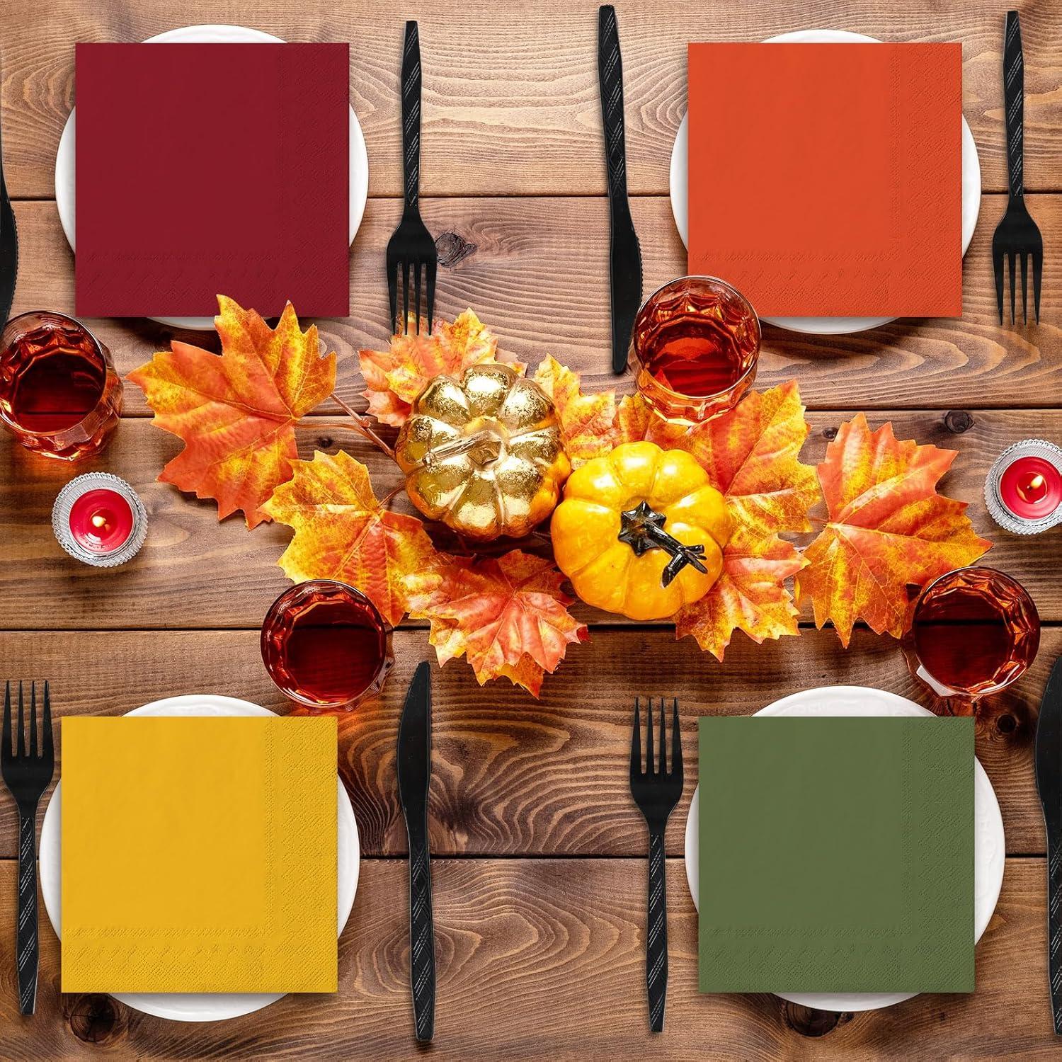 imageWhaline 80 Pack Thanksgiving Fall Paper Napkins 65 x 65 Inch Autumn Color Disposable Dinner Napkins Red Orange Yellow Green Luncheon Napkins Fall Harvest Party Supplies for Home Kitchen Restaurantred orange yellow green