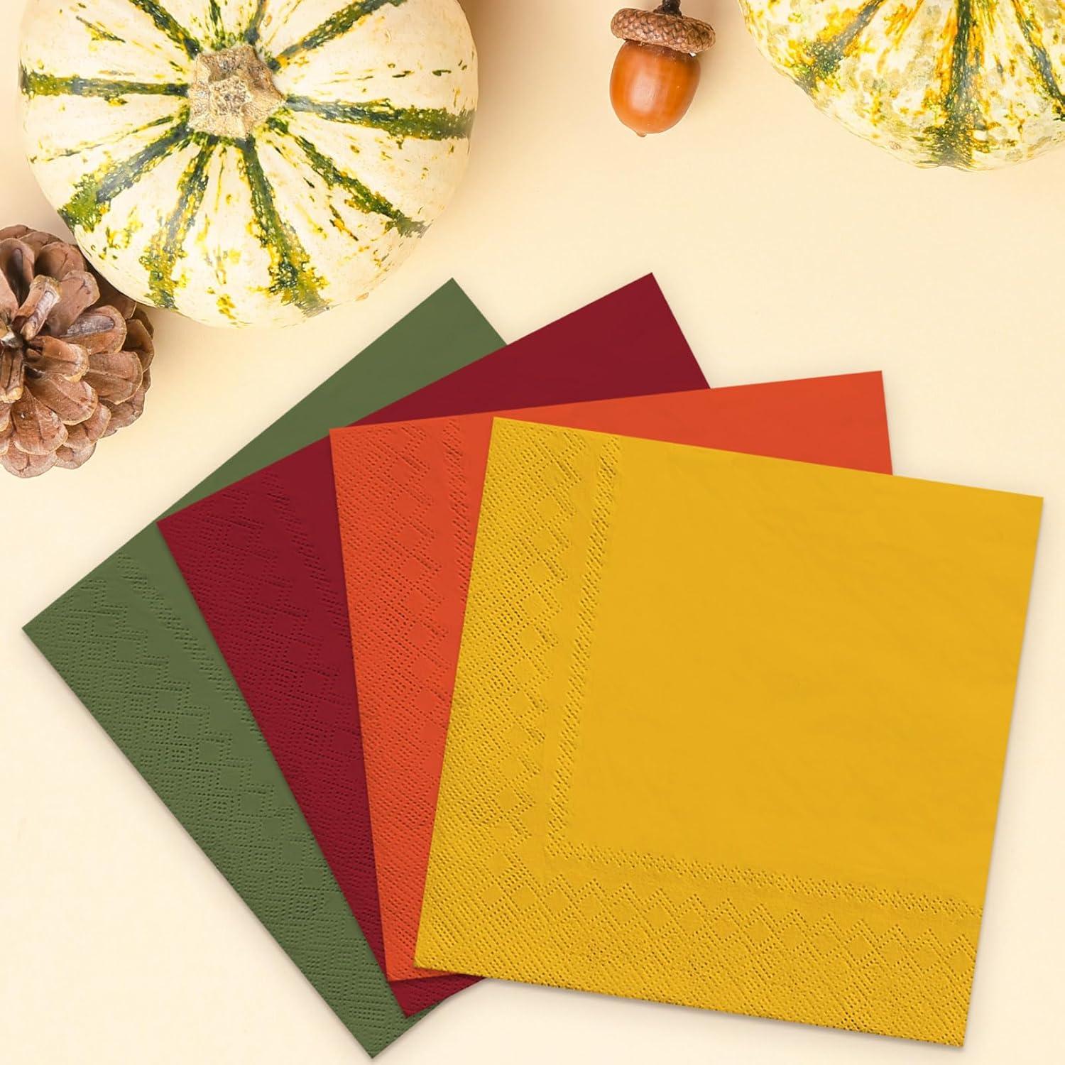 imageWhaline 80 Pack Thanksgiving Fall Paper Napkins 65 x 65 Inch Autumn Color Disposable Dinner Napkins Red Orange Yellow Green Luncheon Napkins Fall Harvest Party Supplies for Home Kitchen Restaurantred orange yellow green