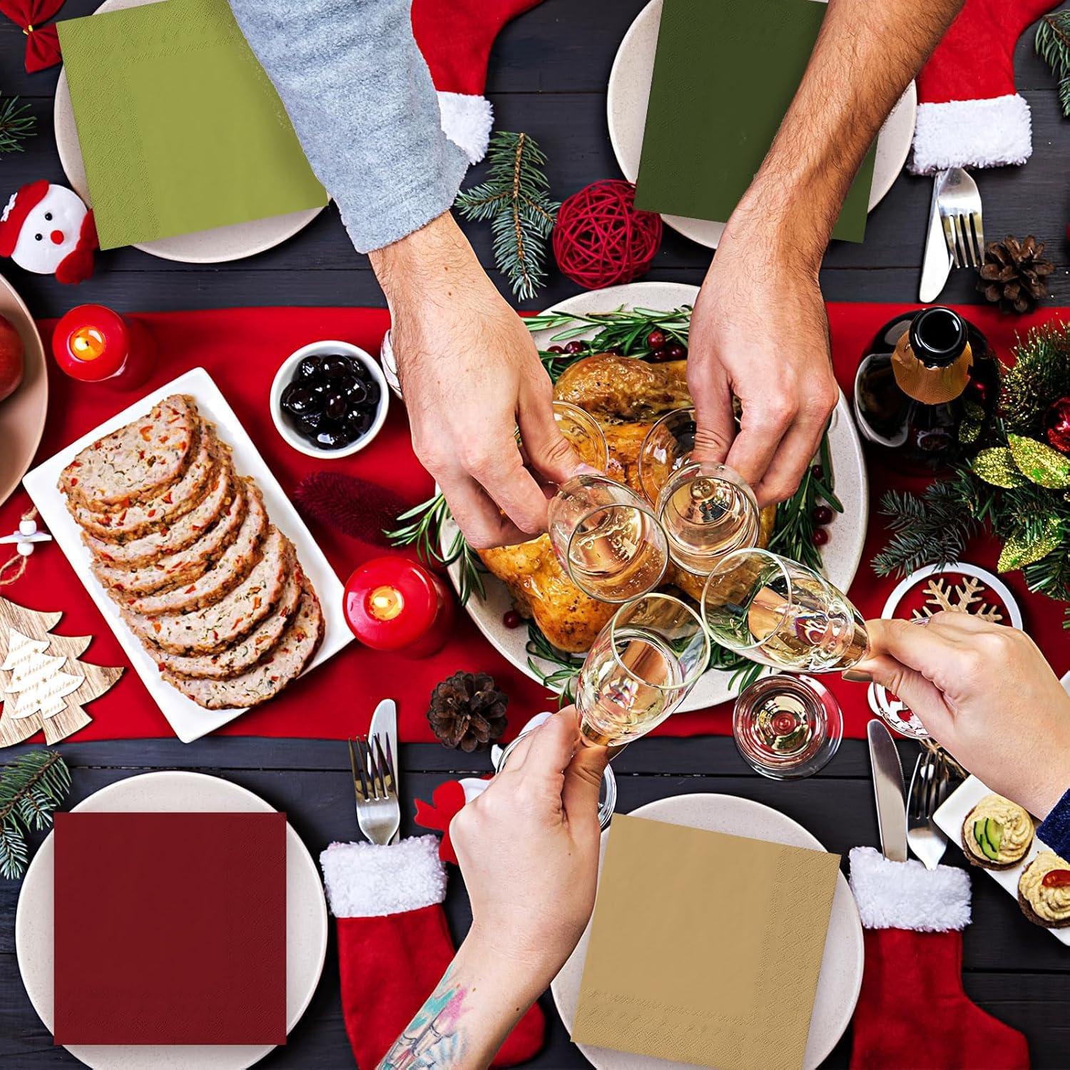 imageWhaline 80 Pack Thanksgiving Fall Paper Napkins 65 x 65 Inch Autumn Color Disposable Dinner Napkins Red Orange Yellow Green Luncheon Napkins Fall Harvest Party Supplies for Home Kitchen RestaurantChristmas Color