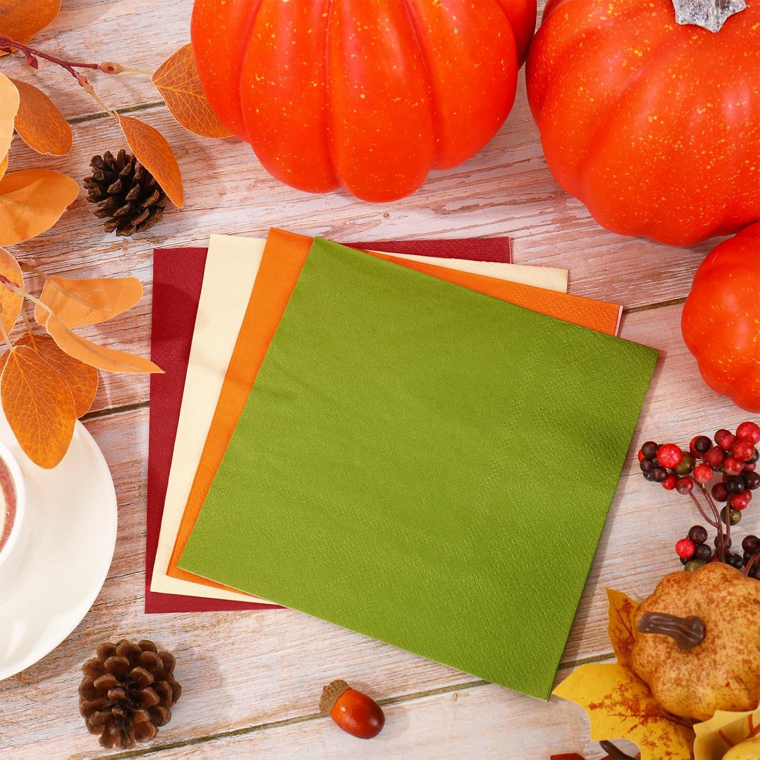 imageWhaline 80 Pack Thanksgiving Fall Paper Napkins 65 x 65 Inch Autumn Color Disposable Dinner Napkins Red Orange Yellow Green Luncheon Napkins Fall Harvest Party Supplies for Home Kitchen RestaurantFall Color