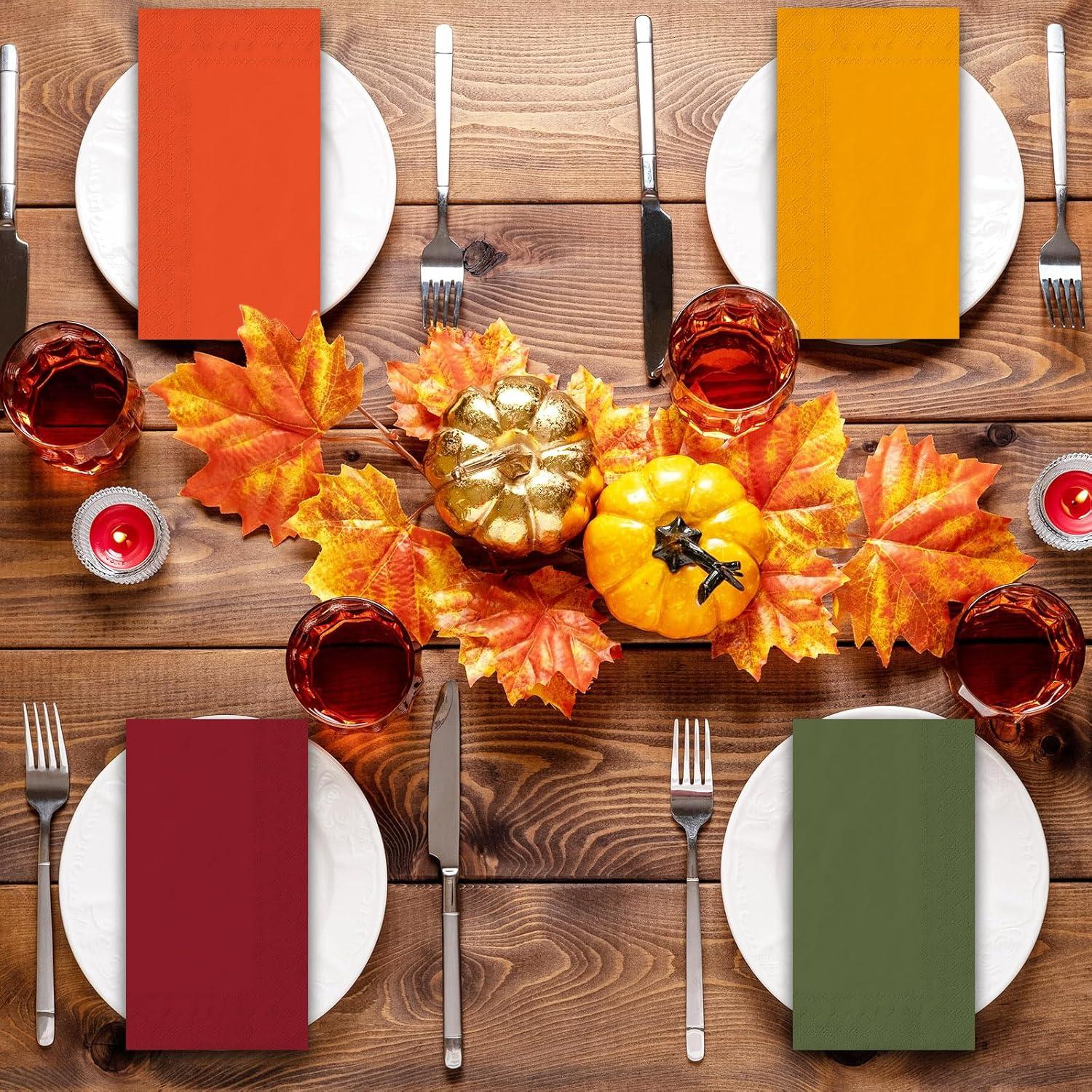 imageWhaline 80 Pack Thanksgiving Fall Paper Napkins 65 x 65 Inch Autumn Color Disposable Dinner Napkins Red Orange Yellow Green Luncheon Napkins Fall Harvest Party Supplies for Home Kitchen Restaurantred orange yellow green