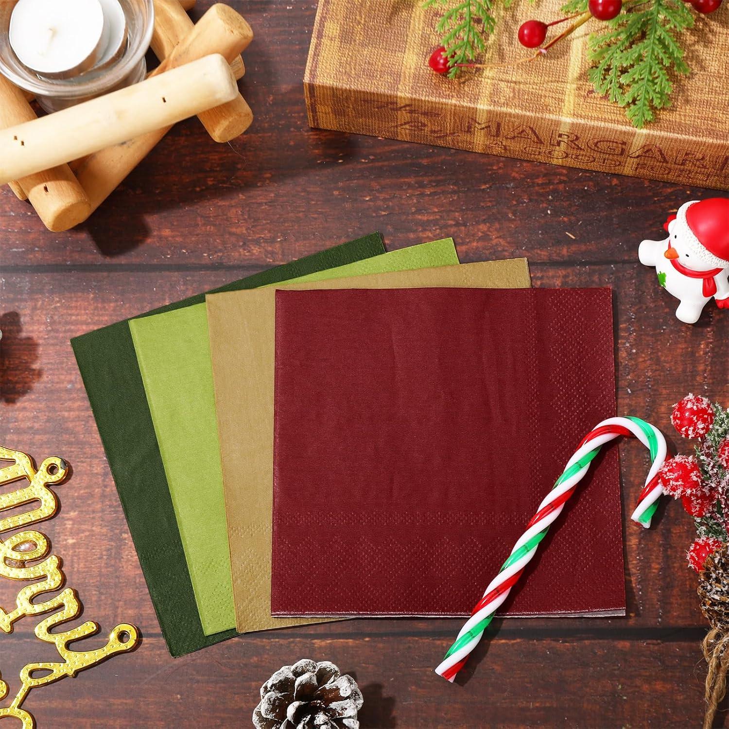 imageWhaline 80 Pack Thanksgiving Fall Paper Napkins 65 x 65 Inch Autumn Color Disposable Dinner Napkins Red Orange Yellow Green Luncheon Napkins Fall Harvest Party Supplies for Home Kitchen RestaurantChristmas Color