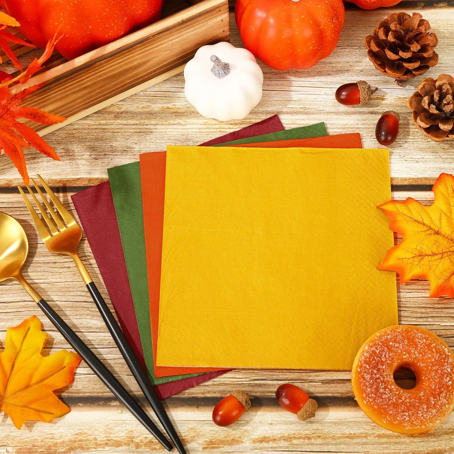 imageWhaline 80 Pack Thanksgiving Fall Paper Napkins 65 x 65 Inch Autumn Color Disposable Dinner Napkins Red Orange Yellow Green Luncheon Napkins Fall Harvest Party Supplies for Home Kitchen Restaurantred orange yellow green