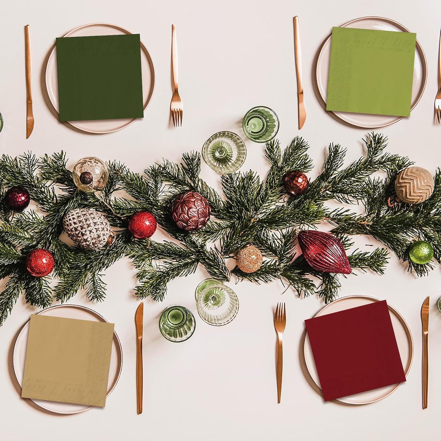 imageWhaline 80 Pack Thanksgiving Fall Paper Napkins 65 x 65 Inch Autumn Color Disposable Dinner Napkins Red Orange Yellow Green Luncheon Napkins Fall Harvest Party Supplies for Home Kitchen RestaurantChristmas Color