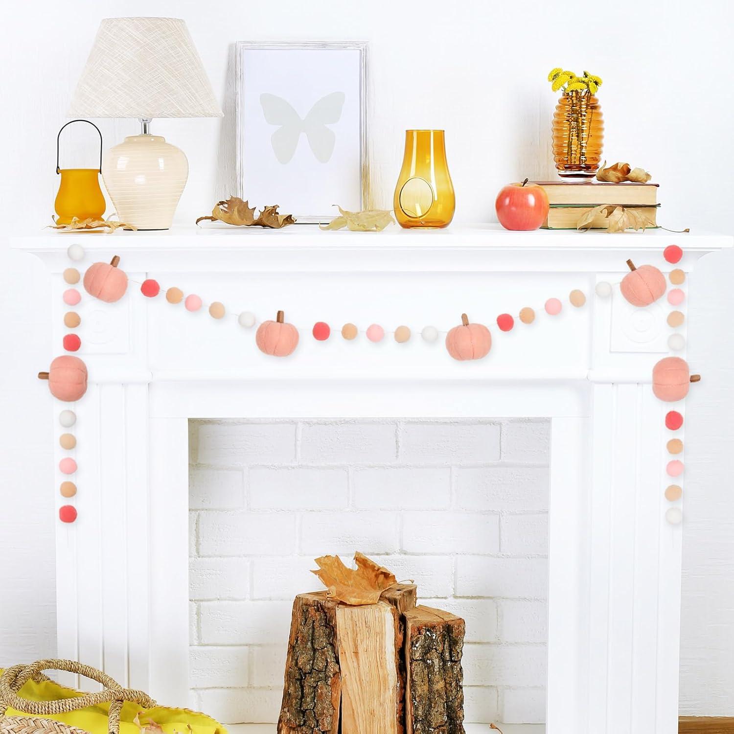 imageWhaline 82Ft Fall Felt Pom Pom Banner Pink 3D Pumpkin Shape Felt Hanging Garland Colorful Pom Ball PreAssembled Bunting Banner for Autumn Thanksgiving Home Mantel Wall Window Decor Party SuppliesPink