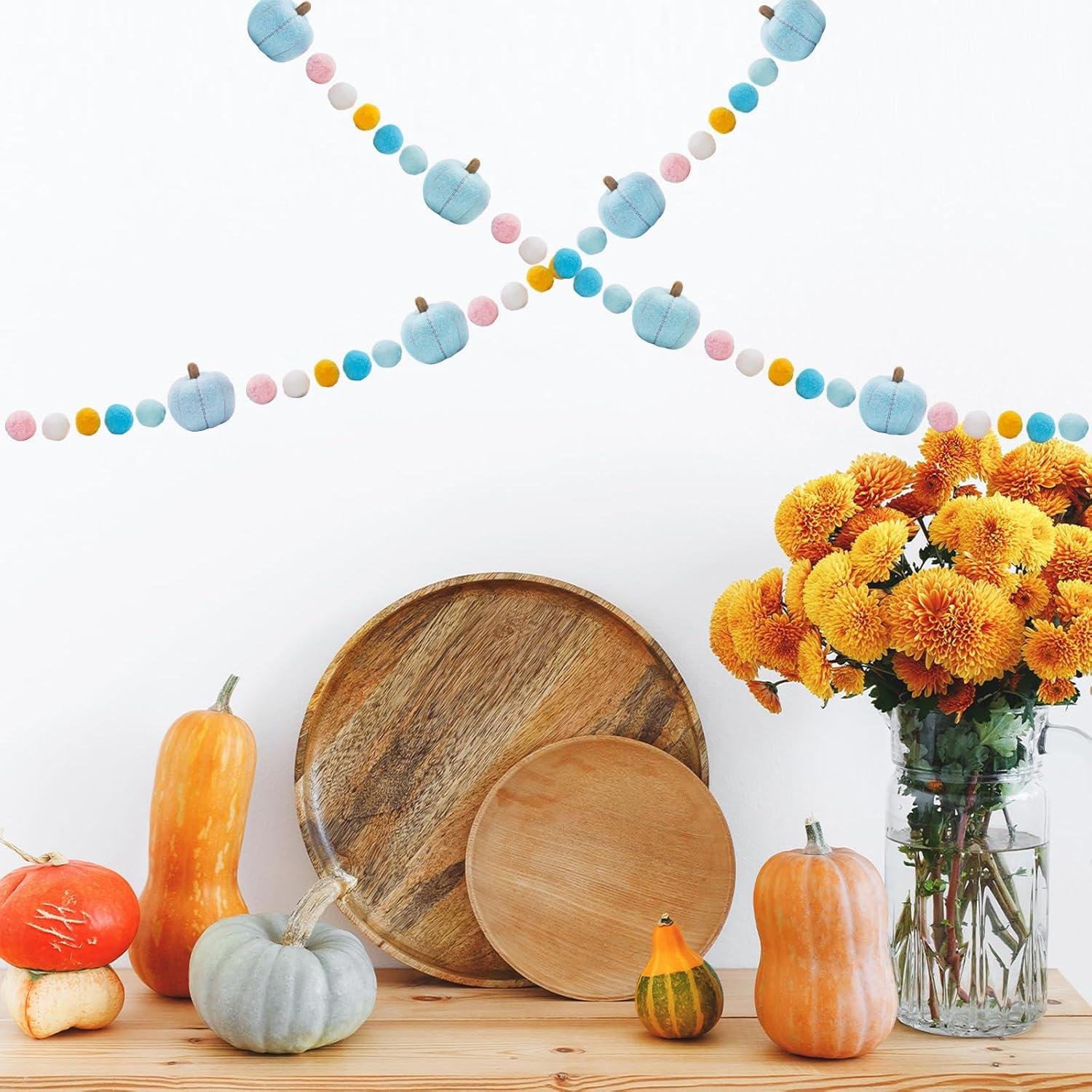 imageWhaline 82Ft Fall Felt Pom Pom Banner Pink 3D Pumpkin Shape Felt Hanging Garland Colorful Pom Ball PreAssembled Bunting Banner for Autumn Thanksgiving Home Mantel Wall Window Decor Party SuppliesBlue
