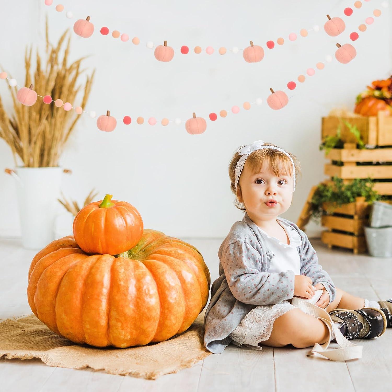 imageWhaline 82Ft Fall Felt Pom Pom Banner Pink 3D Pumpkin Shape Felt Hanging Garland Colorful Pom Ball PreAssembled Bunting Banner for Autumn Thanksgiving Home Mantel Wall Window Decor Party SuppliesPink