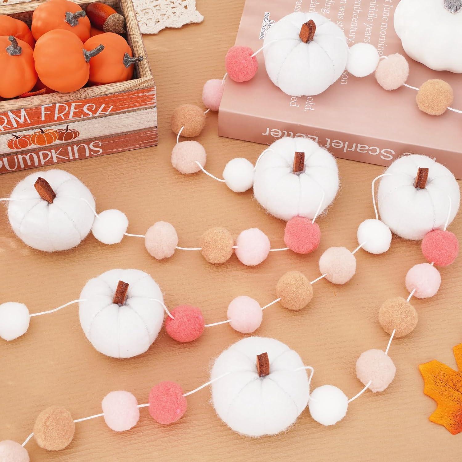 imageWhaline 82Ft Fall Felt Pom Pom Banner Pink 3D Pumpkin Shape Felt Hanging Garland Colorful Pom Ball PreAssembled Bunting Banner for Autumn Thanksgiving Home Mantel Wall Window Decor Party SuppliesWhite
