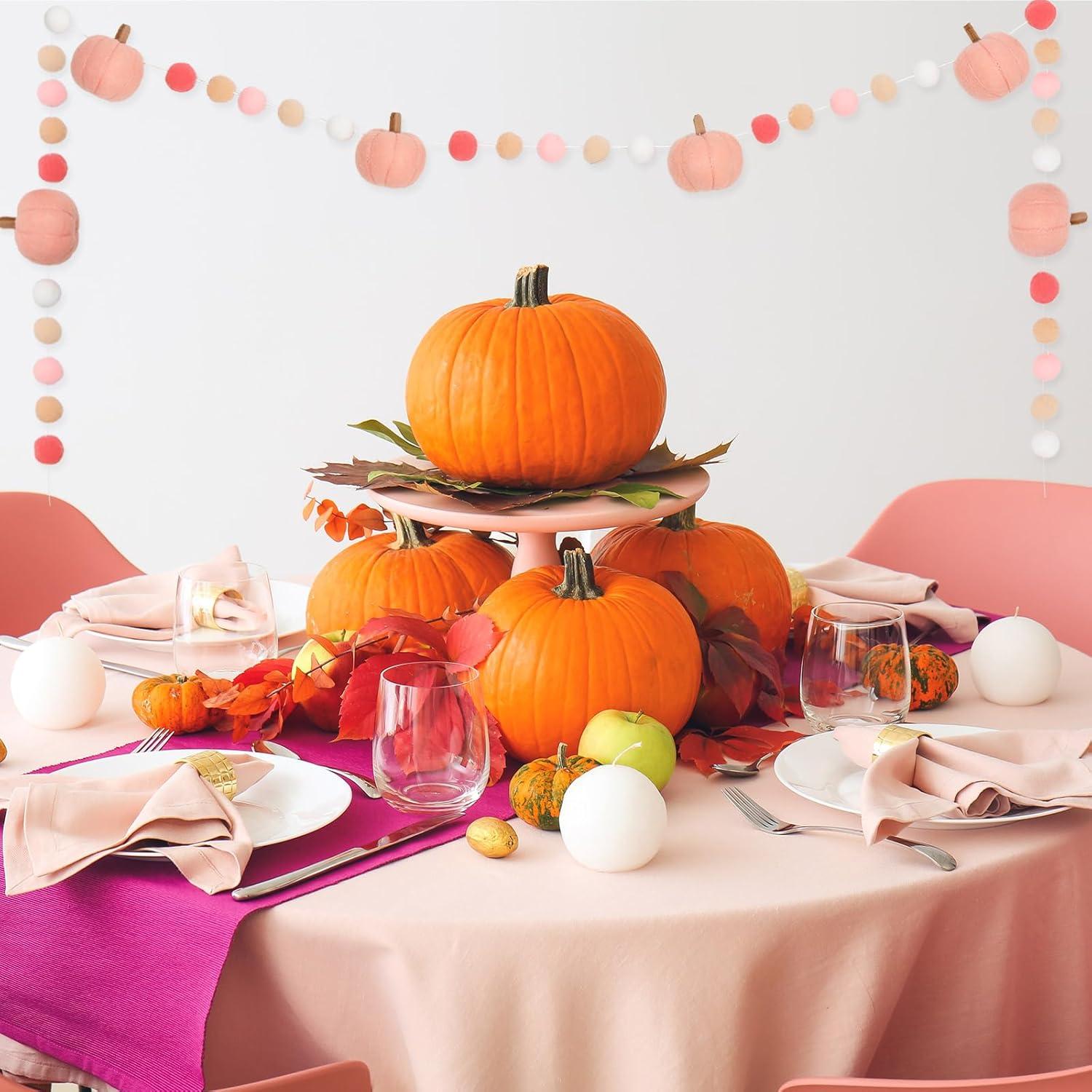 imageWhaline 82Ft Fall Felt Pom Pom Banner Pink 3D Pumpkin Shape Felt Hanging Garland Colorful Pom Ball PreAssembled Bunting Banner for Autumn Thanksgiving Home Mantel Wall Window Decor Party SuppliesPink