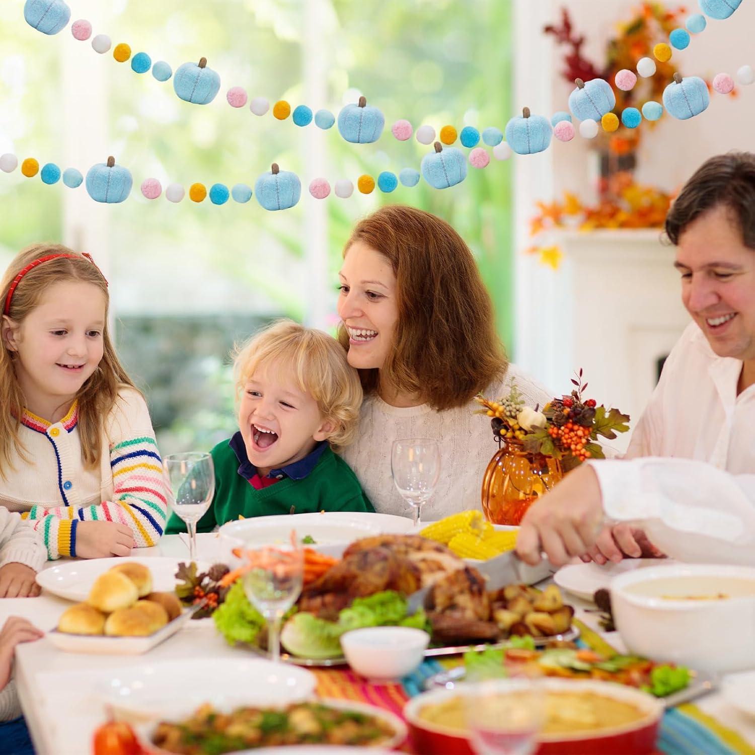 imageWhaline 82Ft Fall Felt Pom Pom Banner Pink 3D Pumpkin Shape Felt Hanging Garland Colorful Pom Ball PreAssembled Bunting Banner for Autumn Thanksgiving Home Mantel Wall Window Decor Party SuppliesBlue