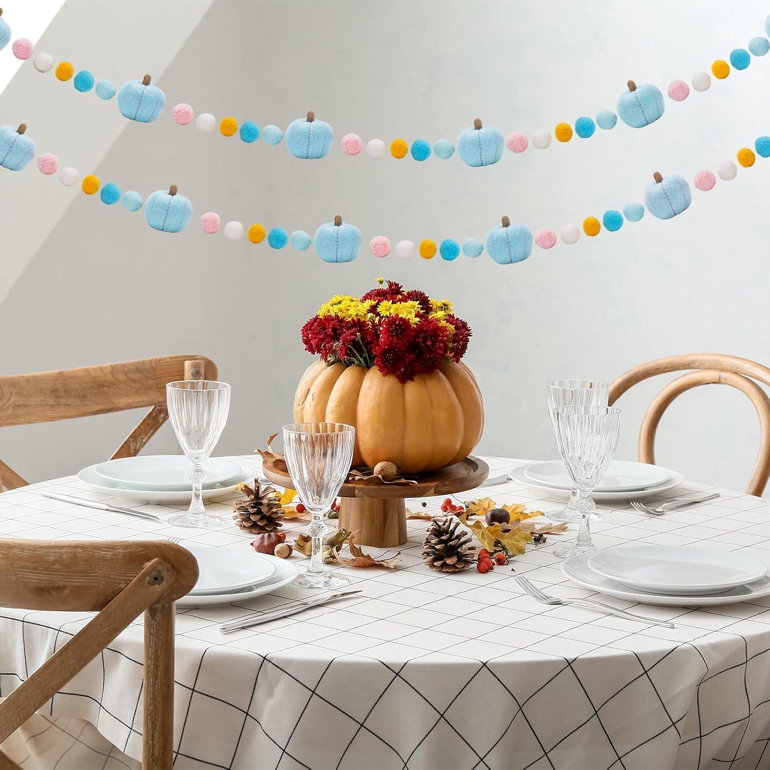 imageWhaline 82Ft Fall Felt Pom Pom Banner Pink 3D Pumpkin Shape Felt Hanging Garland Colorful Pom Ball PreAssembled Bunting Banner for Autumn Thanksgiving Home Mantel Wall Window Decor Party SuppliesBlue