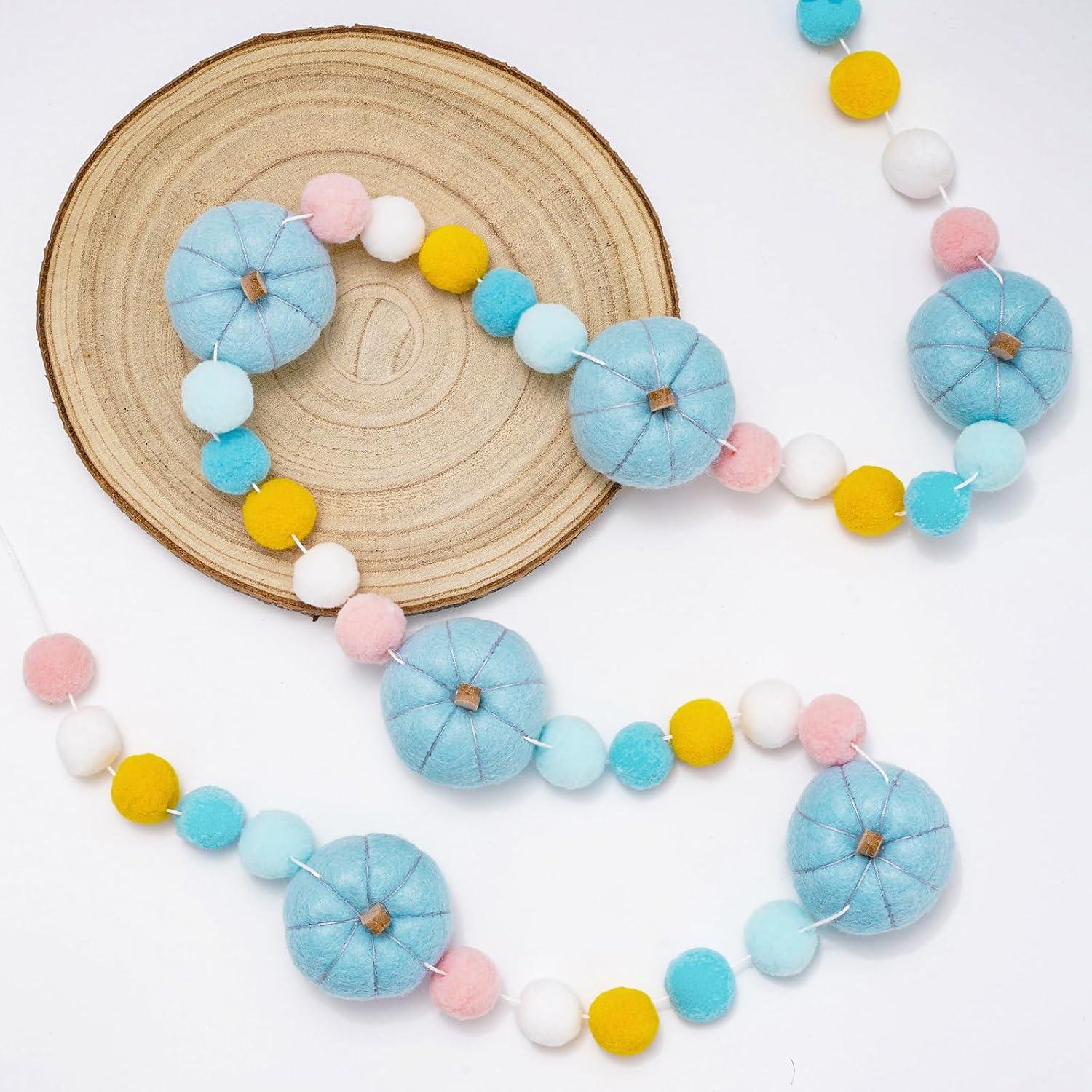 imageWhaline 82Ft Fall Felt Pom Pom Banner Pink 3D Pumpkin Shape Felt Hanging Garland Colorful Pom Ball PreAssembled Bunting Banner for Autumn Thanksgiving Home Mantel Wall Window Decor Party SuppliesBlue