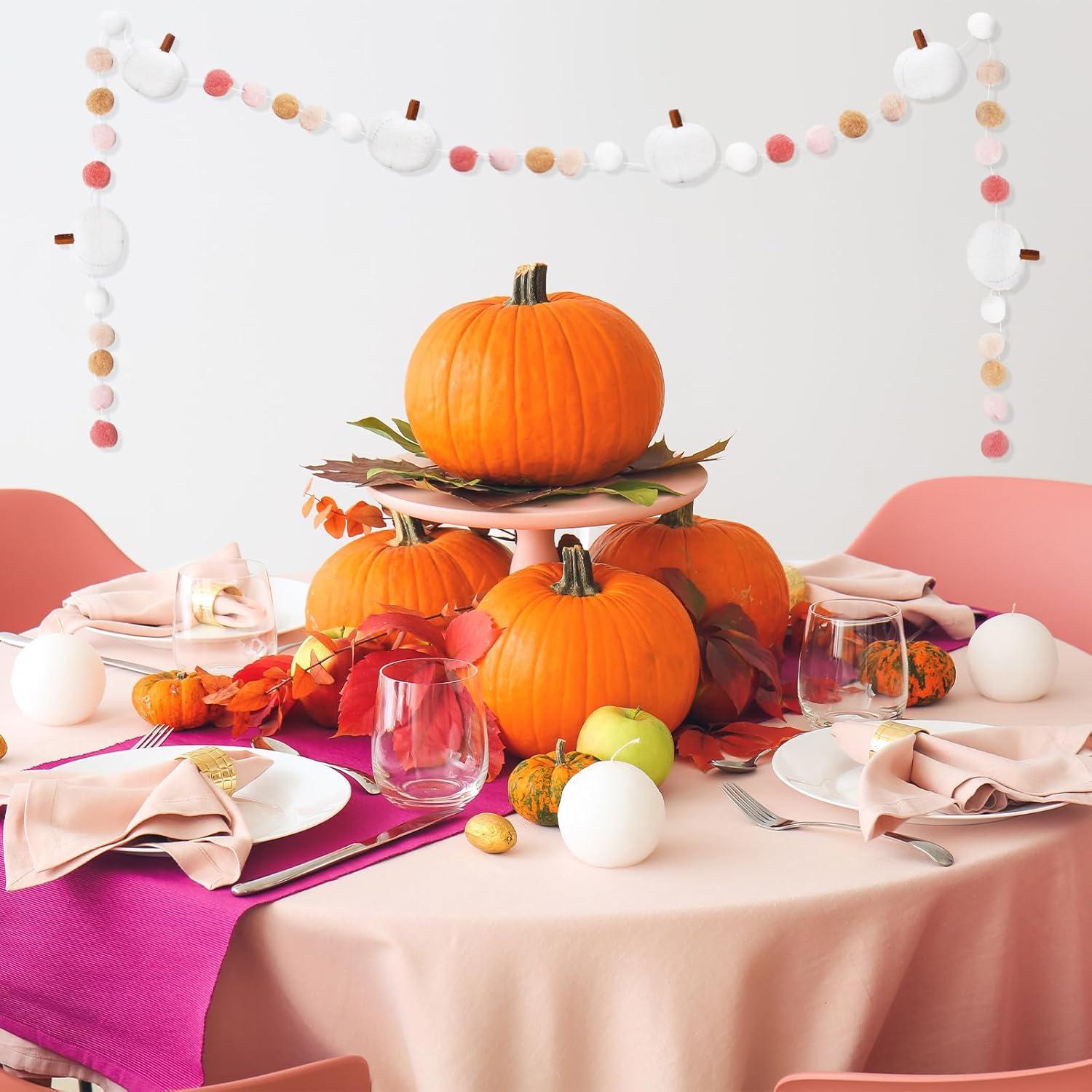 imageWhaline 82Ft Fall Felt Pom Pom Banner Pink 3D Pumpkin Shape Felt Hanging Garland Colorful Pom Ball PreAssembled Bunting Banner for Autumn Thanksgiving Home Mantel Wall Window Decor Party SuppliesWhite