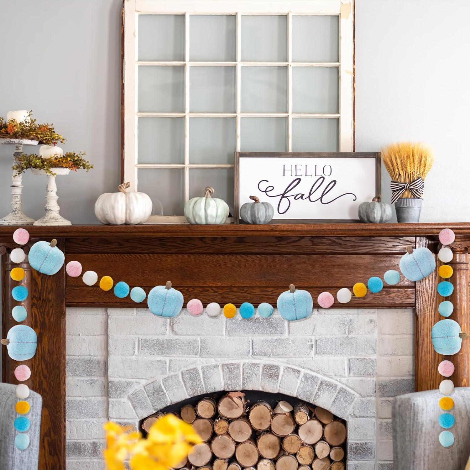 imageWhaline 82Ft Fall Felt Pom Pom Banner Pink 3D Pumpkin Shape Felt Hanging Garland Colorful Pom Ball PreAssembled Bunting Banner for Autumn Thanksgiving Home Mantel Wall Window Decor Party SuppliesBlue