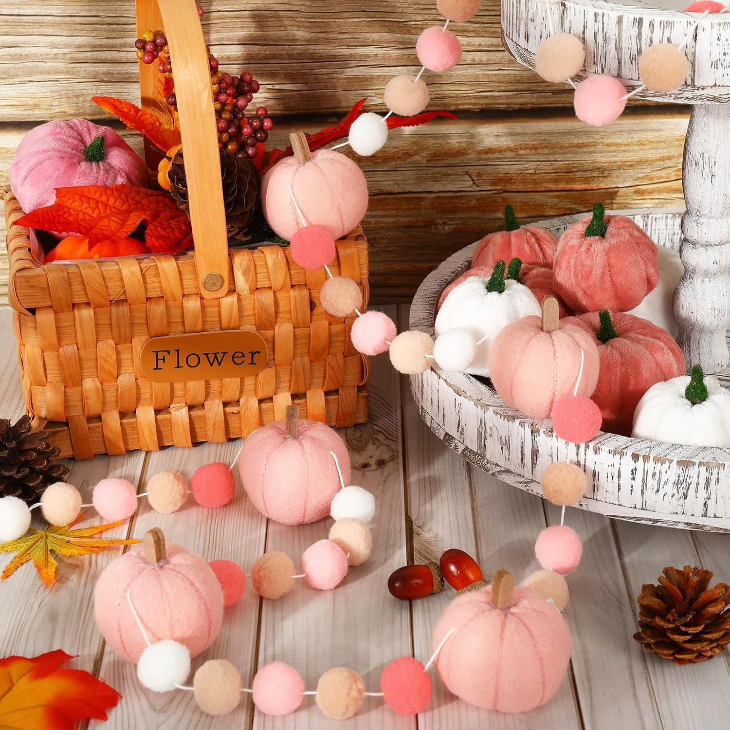 imageWhaline 82Ft Fall Felt Pom Pom Banner Pink 3D Pumpkin Shape Felt Hanging Garland Colorful Pom Ball PreAssembled Bunting Banner for Autumn Thanksgiving Home Mantel Wall Window Decor Party SuppliesPink